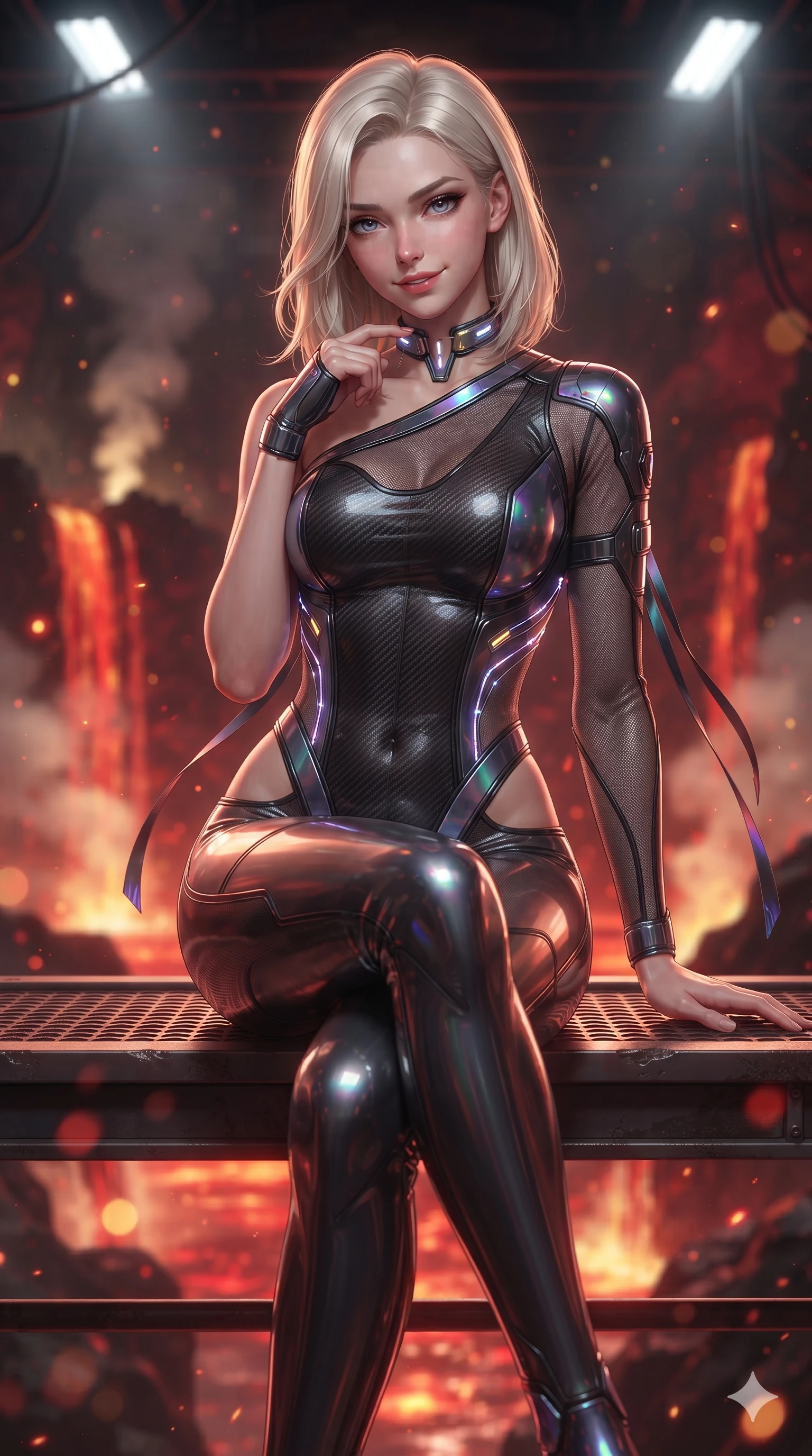 score_9, masterpiece, best quality, ultra-detailed, high-budget anime keyframe, editorial fashion photography, tasteful artistic composition, Caucasian woman. close-up cowboy shot from the waist and thighs up, the character dominates the composition, filling the frame with her large presence. tilting her head with a teasing half-smile, running one finger slowly along her glowing comm-link collar in a flirtatious gesture while sitting poised on the observation gantry ledge with legs crossed, flashing an enchanting, confident smile as thermal winds flutter her ribbons. The background shows a soft-focus cascading subterranean magma waterfalls, rising sulfur steam plumes, and glowing ember motes blurred into crimson, vermilion, and gold bokeh. She has an exceptionally elegant, slender, and willowy female figure with an ultra-slim waist, flat toned midriff, narrow ribcage, and sculpted feminine hips creating an alluring, slim hourglass silhouette without bulk. sharp v-shaped jawline, high-bridge nose, intricate jewel-like sparkling eyes with depth, thick eyelashes, glossy parted lips with a natural sheen, bright confident smile with an enchanting and coquettish sensual glint, exuding both youthful magnetic charm and sovereign high-tech allure, flawlessly proportioned anatomical accuracy, strict slender model proportions, natural body alignment, perfectly sculpted long slender limbs, ultra-slim waistline, clean dynamic posture without body distortion. wearing an asymmetric one-shoulder combat catsuit with carbon-weave paneling and an open-waist architecture emphasizing her hips in iridescent dark chrome and holographic violet, crafted from sheer technical cyber-lace reinforced with ultra-thin Kevlar threads, accented with illuminated micro-fiber optic circuit threads tracing along her ribs and spine, the form-contouring cut accentuating her sculpted flat midriff, narrow delicate ribcage, and gracefully curvy hips with cybernetic supermodel precision. bathed in the radiant 2000K upward glow of the cascading magma river combined with overhead industrial quartz worklights. ultra-reflective glossy finish, specular highlights, rich textural contrasts, high-contrast stereoscopic depth, volumetric dynamic lighting, 2k, ultra detail, master piece, 9:16 ratio