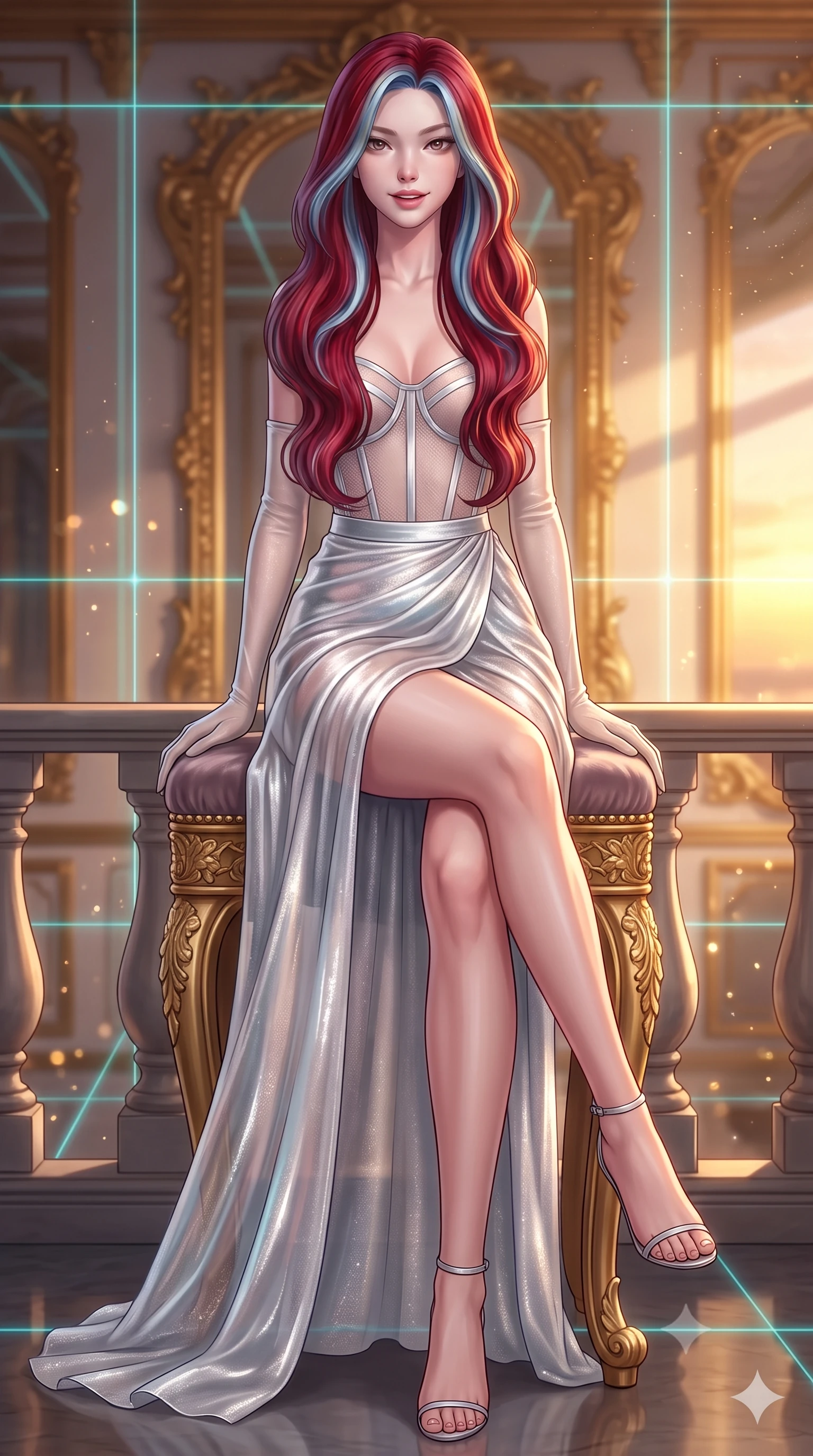score_9, masterpiece, best quality, ultra-detailed, high-budget anime keyframe, semi-realistic 3D game render, editorial fashion photography, tasteful artistic composition, Caucasian woman. low angle full-body shot from head to toe showing her feet, filling the entire 9:16 vertical frame with her statuesque presence, stretching her vertical silhouette. leaning deep against the balcony balustrade with hips cocked back in an unapologetically alluring high-fashion stance, casting an intoxicating glance while sitting gracefully on the velvet-upholstered gilded stool with legs crossed, flashing a playful, coquettish smile with parted glossy lips. The background shows a soft-focus golden hour dust motes softened in cybernetic Versailles mirror hall shallow focus. She has an exceptionally tall and slender model-like 8.5-heads proportion, an ultra-slim waist, a flat toned midriff, narrow delicate ribcage, and beautifully sculpted feminine hips creating a graceful, slim hourglass silhouette without any bulky heaviness, with impossibly long slender legs. sharp v-shaped jawline, high-bridge nose, intricate jewel-like sparkling eyes with depth, thick eyelashes, glossy parted lips with a natural peach sheen, bright cheerful beaming smile with an enchanting and coquettish sensual glint, exuding both youthful cute charm and seductive allure, flawlessly proportioned anatomical accuracy, strict slender model proportions, natural body alignment, perfectly sculpted long slender limbs, ultra-slim waistline, clean dynamic posture without body distortion. wearing a provocative translucent mesh corset bodice with boned satin channels paired with a sheer chiffon wrap skirt in iridescent mother-of-pearl and liquid molten silver, woven from stretch metallic lurex jersey casting radiant starlight glints across her curves, complemented by sheer opera-length evening gloves tracing her slender arms, the glove-like clinging cut tightly following the natural contour of her hips and long slender legs with youthful 8.5-heads elegance. bathed in the blinding golden hour 2800K palace sunset mixed with delicate cyan laser grid lines. highly saturated vibrant anime colors, detailed shading with soft gradients, rich glossy textures, high-contrast stereoscopic depth, volumetric dynamic lighting, master piece, 9:16 ratio
