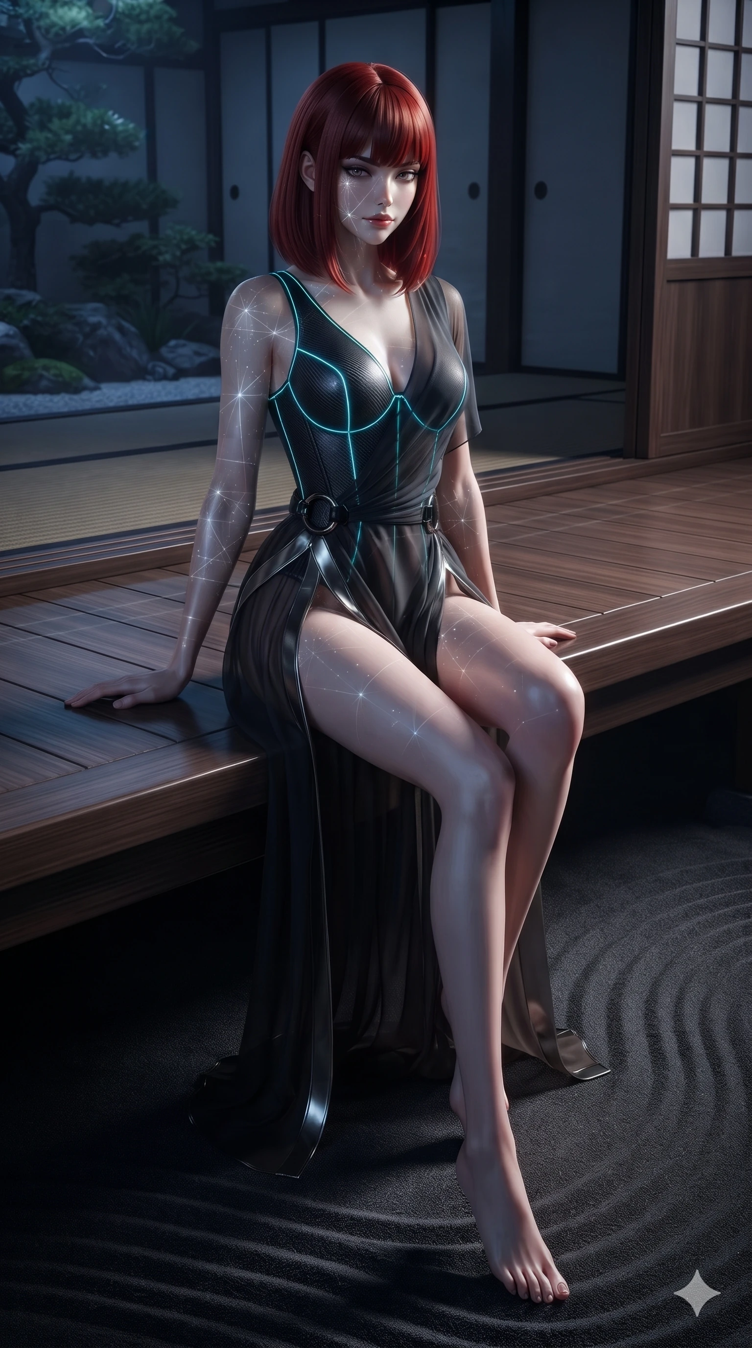 score_9, masterpiece, best quality, ultra-detailed, high-budget anime keyframe, editorial fashion photography, tasteful artistic composition, Caucasian woman. low angle full-body shot from head to toe showing her feet, filling the entire 9:16 vertical frame with her statuesque presence, stretching her vertical silhouette. poised on the dark reflective floor while laser grids scan the room, her statuesque silhouette commanding the frame while sitting poised on the polished wooden veranda edge with legs dangling over the dark sand ripples, casting an intoxicating, heavy-lidded gaze. The surrounding environment is rendered in vivid detail and crisp panoramic clarity: detailed liquid mercury metallic gown tailoring, hip-high side slit, and traditional Japanese garden craft in razor-sharp precision. She has an absolutely perfect, statuesque 8.5-heads proportion, an exceptionally tall and slender model-like female figure with impossibly long slender legs, an ultra-slim waist, a flat toned midriff, narrow delicate ribcage, and beautifully sculpted feminine hips creating a graceful, slim hourglass silhouette without any bulky heaviness. sharp v-shaped jawline, high-bridge nose, intricate jewel-like dark sparkling eyes with hypnotic seductive depth, thick curled eyelashes, glossy parted lips with a natural wine sheen, alluring bedroom-eyes with an enigmatic smoldering smile, exuding magnetic sovereign charisma and dark avant-garde glamour, flawlessly proportioned anatomical accuracy, strict slender model proportions, natural body alignment, perfectly sculpted long slender limbs, ultra-slim waistline, clean dynamic posture without body distortion. wearing a semi-opaque sheer dark chiffon gown revealing a structured bodice silhouette in neon cyan edge-glow and dark carbon black, woven from matte carbon-fiber weave with high-tech structural hold, accented with sculpted obsidian chrome rings at the waist, the high-slit wrap tailoring accentuating her ultra-slim waistline and the enchanting curve of her feminine hips with alluring seductive charm. illuminated by moonlit sand ripple bounce and sharp silver-topaz rim lights defining her razor-sharp jawline, narrow waist, and curvy hips. ultra-reflective glossy finish, specular highlights, metallic sheen, high-contrast stereoscopic depth, volumetric dynamic lighting, 2k, ultra detail, master piece, 9:16 ratio