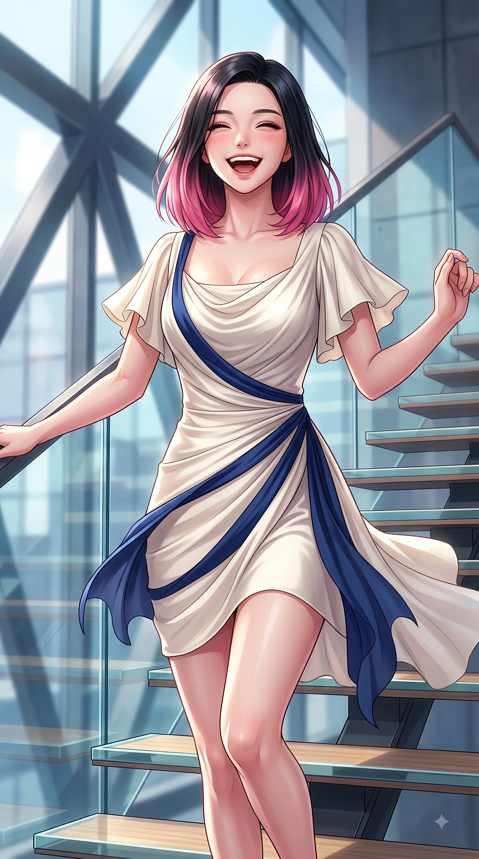 score_9, masterpiece, best quality, ultra-detailed, high-budget anime keyframe, editorial fashion photography, tasteful artistic composition, Korean woman. close-up cowboy shot from the waist and thighs up, the character dominates the composition, filling the frame with her large presence. Ecstatic joyful laughter with eyes crinkling in pure delight and vibrant energy filling her dynamic posture while ascending a minimalist floating staircase with flawless statuesque proportions. The composition keeps background elements in soft focus with dreamy bokeh. geometric steel beams and glass panel reflections blurred into futuristic, ambient bokeh. She has an exceptionally elegant, slender, and willowy female figure with an ultra-slim waist, a gracefully sculpted slender torso, and a refined silhouette. sharp v-shaped jawline, high-bridge nose, intricate jewel-like eyes with depth, thick eyelashes, glossy lips with a natural sheen, flawlessly proportioned anatomical accuracy, natural body alignment, perfectly sculpted elegant limbs, clean dynamic posture without body distortion. wearing an elegant ivory silk cowl-neck dress with fluid draped lines in royal navy blue and pure ivory, woven from fine lightweight chiffon fluttering gracefully, featuring elegant flutter sleeves and a graceful square neckline, the tailored fit highlighting her statuesque and model-like silhouette. bathed in crisp, high-contrast sunlight filtering through geometric glass panes. highly saturated vibrant anime colors, detailed shading with soft gradients, rich glossy textures, high-contrast stereoscopic depth, volumetric dynamic lighting, master piece, 9:16 ratio