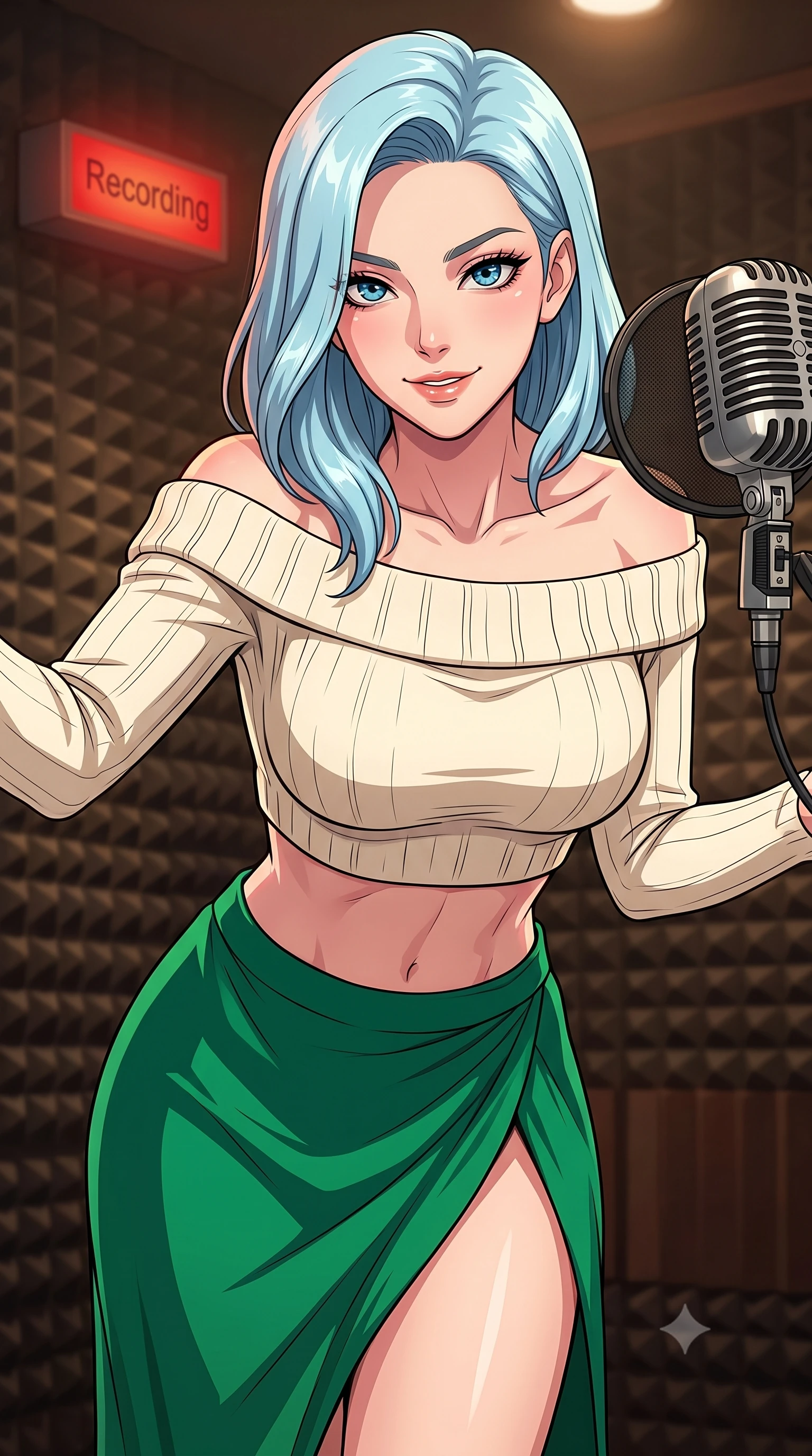 score_9, masterpiece, best quality, ultra-detailed, high-budget anime keyframe, tasteful artistic composition, Korean woman. close-up cowboy shot from the waist and thighs up, the character dominates the composition, filling the frame with her large presence, background elements kept in soft focus. leaning slightly forward with a playful, teasing smile, her gaze locked onto the viewer the background shows a soft-focus an intimate vintage recording booth with soundproofing foam and a classic ribbon microphone. She has an exceptionally elegant, slender, and willowy female figure with an ultra-slim waist, a gracefully sculpted slender torso, and a refined silhouette. sharp v-shaped jawline, high-bridge nose, intricate jewel-like eyes with depth, thick eyelashes, glossy lips with a natural sheen. wearing a body-hugging cropped off-shoulder knit top in cream paired with a high-slit wrap skirt in emerald green. soft warm glow from the recording indicator lamp painting her face. highly saturated vibrant anime colors, cel-shading, 2d style, master piece, 9:16 ratio