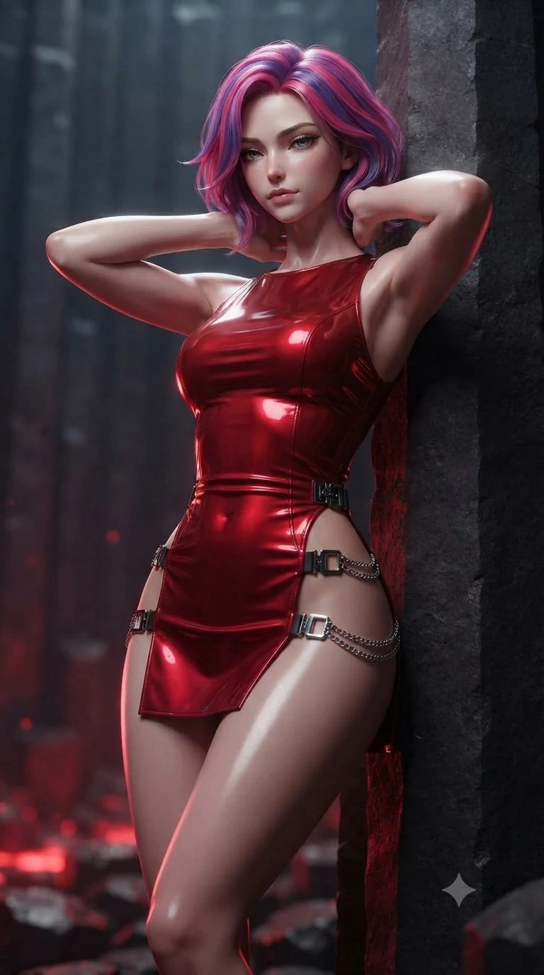 score_9, masterpiece, best quality, ultra-detailed, high-budget anime keyframe, editorial fashion photography, tasteful artistic composition, Caucasian woman. close-up cowboy shot from the waist and thighs up, the character dominates the composition, filling the frame with her large presence. resting both hands lightly behind her neck with elbows raised, arching her spine to highlight her narrow waist and flat midriff while leaning against the towering vertical basalt column with hips cocked back, looking through lowered lashes with an enchanting, superior half-smile. The background shows a soft-focus soaring vertical hexagonal basalt columns, dramatic subterranean chasms, and crimson floor light fissures blurred into ruby, charcoal, and black bokeh. She has an exceptionally elegant, slender, and willowy female figure with an ultra-slim waist, flat toned midriff, narrow ribcage, and sculpted feminine hips creating an alluring, slim hourglass silhouette without bulk. sharp v-shaped jawline, high-bridge nose, intricate jewel-like dark sparkling eyes with hypnotic seductive depth, thick curled eyelashes, glossy parted lips with a natural wine sheen, alluring bedroom-eyes with an enigmatic smoldering smile, exuding magnetic sovereign charisma and dark avant-garde glamour, flawlessly proportioned anatomical accuracy, strict slender model proportions, natural body alignment, perfectly sculpted long slender limbs, ultra-slim waistline, clean dynamic posture without body distortion. wearing a liquid-look wet vinyl micro-mini dress clinging like a second skin with hip-high side cutouts in crimson laser red and cold midnight shadow tones, made of supple butter-soft lambskin leather with a subtle satin sheen, framed by dark titanium buckles and silver chain details, the glove-like silhouette tightly following the natural contour of her hips and long slender legs with youthful 8.5-heads elegance. illuminated by volcanic stone bounce and sharp scarlet-amber rim lights defining her razor-sharp jawline, narrow waist, and curvy hips. ultra-reflective glossy finish, specular highlights, metallic sheen, high-contrast stereoscopic depth, volumetric dynamic lighting, 2k, ultra detail, master piece, 9:16 ratio