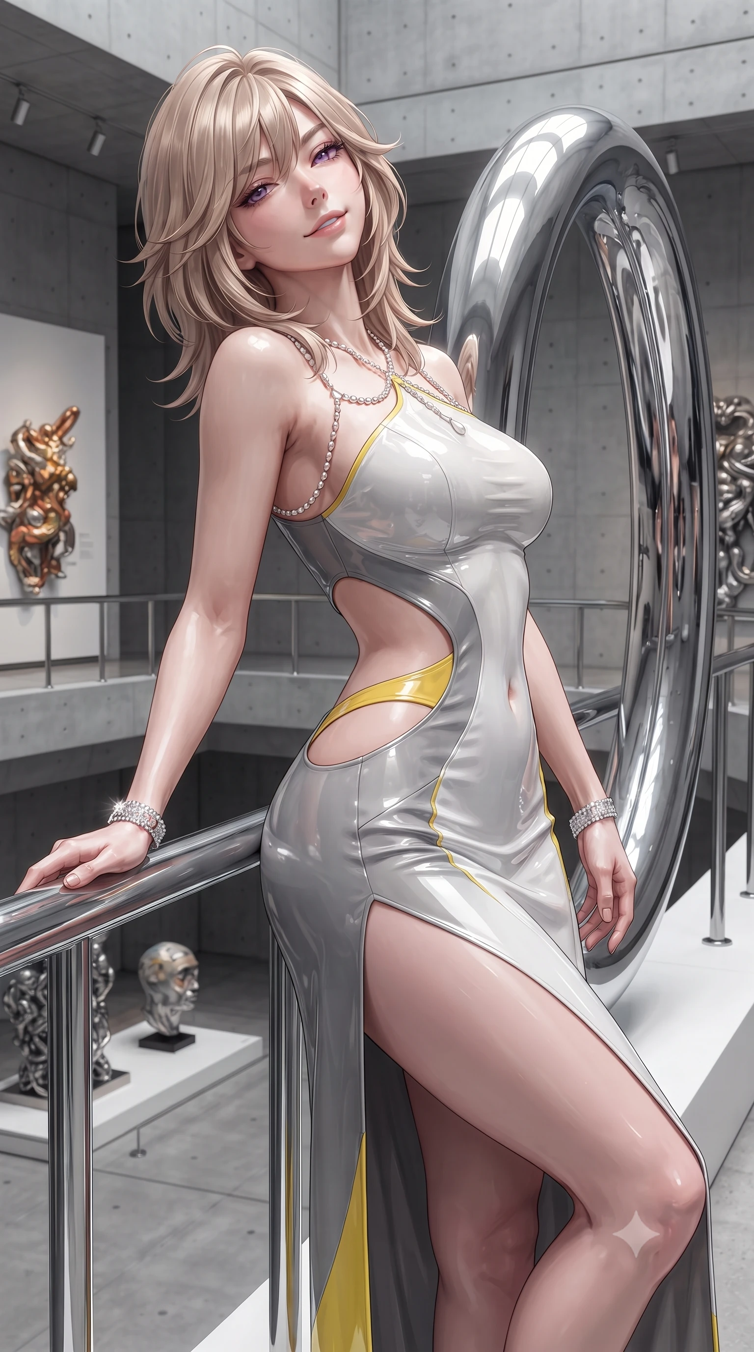 score_9, masterpiece, best quality, ultra-detailed, high-budget anime keyframe, editorial fashion photography, tasteful artistic composition, Japanese woman. close-up cowboy shot from the waist and thighs up, the character dominates the composition, filling the frame with her large presence. leaning back against the balustrade with relaxed seductive grace, head tilted back slightly while casting a hypnotic, heavy-lidded gaze while twisting her slender torso in an alluring S-curve beside the giant chrome ring, the curved mirror surface distorting her hourglass curves playfully. The surrounding environment is rendered in vivid detail and crisp panoramic clarity: detailed liquid metallic lamé dress texture, sparkling bracelet glints, and modern sculpture museum craftsmanship in high resolution. She has an exceptionally elegant, slender, and willowy female figure with an ultra-slim waist, flat toned midriff, narrow ribcage, and sculpted feminine hips creating an alluring, slim hourglass silhouette without bulk. sharp v-shaped jawline, high-bridge nose, sparkling eyes with hypnotic seductive depth, thick curled eyelashes, glossy parted lips with a natural dewy peach sheen, alluring bedroom-eyes with an enchanting coquettish smile, exuding magnetic siren charisma and sophisticated glamour, flawlessly proportioned anatomical accuracy, strict slender model proportions, natural body alignment, perfectly sculpted long slender limbs, ultra-slim waistline, clean dynamic posture without body distortion. wearing a sculptural liquid jersey column dress with a dramatic hip-high side slit and asymmetrical cutout waist darts in Bauhaus optic white and concrete grey with primary yellow accents, crafted from wet-look high-gloss vinyl fabric with dazzling specular surface reflections, accented with a pearl-drop body harness subtly framing her dewy collarbones and spine, the glove-like clinging cut tightly following the natural contour of her hips and long slender legs with youthful 8.5-heads elegance. illuminated by curved chrome mirror reflections and sharp platinum-silver rim lights defining her collarbones, narrow waist, and curvy hips. ultra-reflective glossy finish, specular highlights, rich textural contrasts, high-contrast stereoscopic depth, volumetric dynamic lighting, 2k, ultra detail, master piece, 9:16 ratio