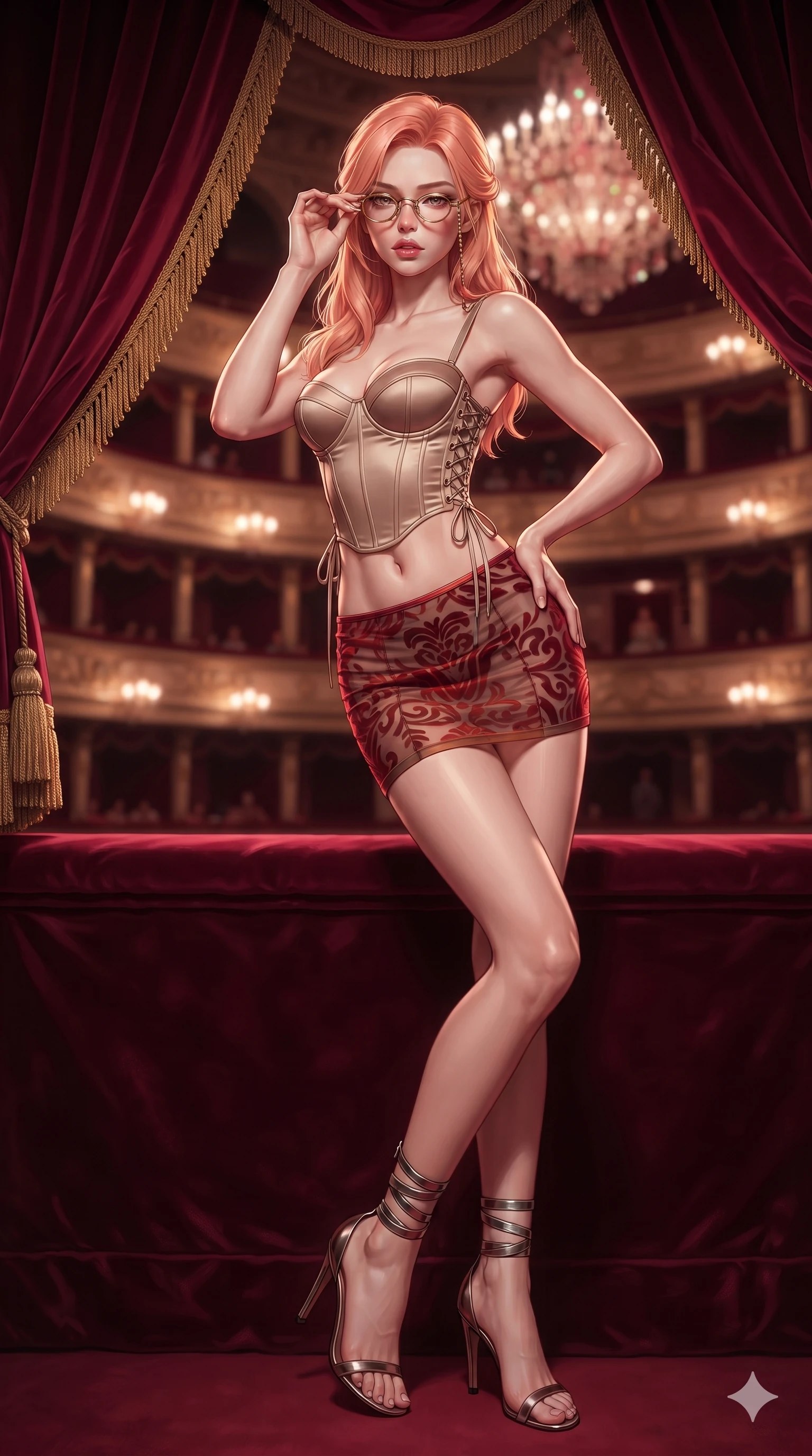 score_9, masterpiece, best quality, ultra-detailed, high-budget anime keyframe, editorial fashion photography, tasteful artistic composition, Japanese woman. close-up cowboy shot from the waist and thighs up, the character dominates the composition, filling the frame with her large presence. arching her spine backward with effortless dancer poise, one hand sliding along her hip line as directional light carves specular highlights along her silhouette while leaning against the plush crimson velvet loge railing with hips cocked back, looking through antique opera glasses with heavy-lidded seductive bedroom-eyes. The background shows a soft-focus plush crimson velvet curtain swags with gold bullion fringe, tiers of illuminated opera house loges, and crystal chandelier haze blurred into crimson, gold, and charcoal bokeh. She has an exceptionally elegant, slender, and willowy female figure with an ultra-slim waist, flat toned midriff, narrow ribcage, and sculpted feminine hips creating an alluring, slim hourglass silhouette without bulk. sharp v-shaped jawline, high-bridge nose, intricate jewel-like sparkling eyes with depth, thick eyelashes, glossy parted lips with a natural sheen, intensely captivating and seductive bedroom-eyes expression, exuding both youthful cute charm and sovereign luxury allure, flawlessly proportioned anatomical accuracy, strict slender model proportions, natural body alignment, perfectly sculpted long slender limbs, ultra-slim waistline, clean dynamic posture without body distortion. wearing a sculpted matte satin underwire crop corset with lace-up side ties paired with a low-rise micro skirt in imperial vermilion silk and warm bronze, made of sheer contouring power-mesh with velvet flocking patterns, complemented by strappy stiletto sandals with metallic ankle wraps accentuating her slender calves, the glove-like clinging cut tightly following the natural contour of her hips and long slender legs with youthful 8.5-heads elegance. illuminated by velvet railing bounce and sharp gold-crimson rim lights defining her razor-sharp jawline, narrow waist, and curvy hips. ultra-reflective glossy finish, specular highlights, rich textural contrasts, high-contrast stereoscopic depth, volumetric dynamic lighting, 2k, ultra detail, master piece, 9:16 ratio