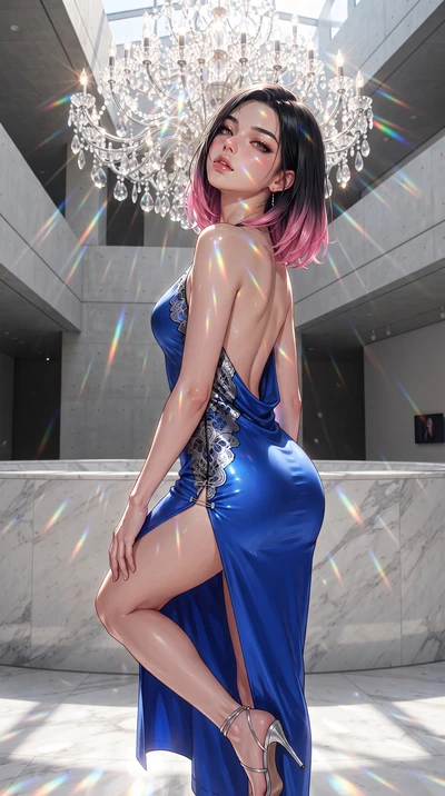 score_9, masterpiece, best quality, ultra-detailed, high-budget anime keyframe, editorial fashion photography, tasteful artistic composition, Korean woman. close-up cowboy shot from the waist and thighs up, the character dominates the composition, fi