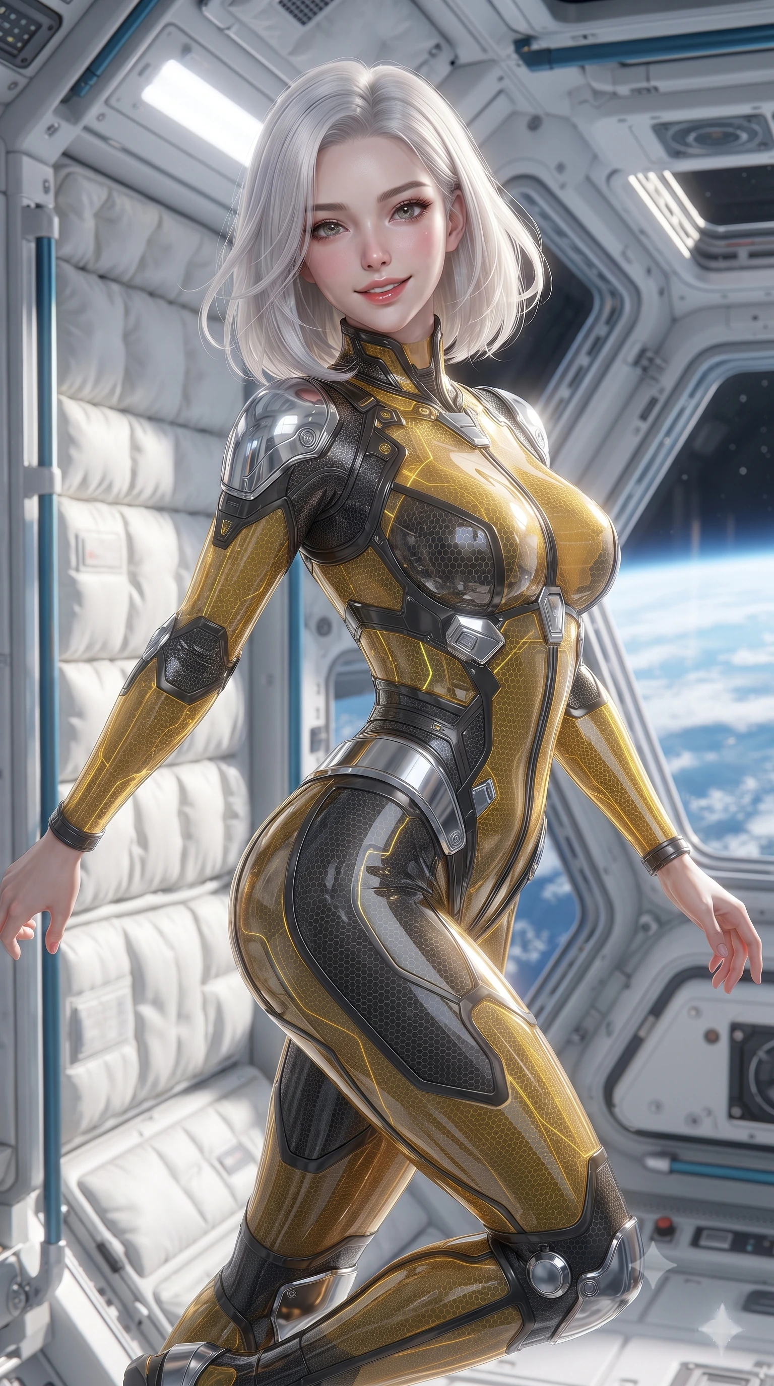 score_9, masterpiece, best quality, ultra-detailed, high-budget anime keyframe, editorial fashion photography, tasteful artistic composition, Korean woman. close-up cowboy shot from the waist and thighs up, the character dominates the composition, filling the frame with her large presence. turning slowly with a smoldering smile, her sleek hair catching the cockpit HUD rim light as her hips angle gracefully in a captivating contrapposto while floating dynamically in microgravity with one hand lightly guiding her body along the guide rail, arching her back with athletic supermodel poise. The surrounding environment is rendered in vivid detail and crisp panoramic clarity: sharp magnetic track rail seams, padded gym wall grip textures, and transparent window frame clarity in deep focus. She has an exceptionally elegant, slender, and willowy female figure with an ultra-slim waist, flat toned midriff, narrow ribcage, and sculpted feminine hips creating an alluring, slim hourglass silhouette without bulk. sharp v-shaped jawline, high-bridge nose, intricate jewel-like sparkling eyes with depth, thick eyelashes, glossy parted lips with a natural sheen, bright confident smile with an enchanting and coquettish sensual glint, exuding both youthful magnetic charm and sovereign high-tech allure, flawlessly proportioned anatomical accuracy, strict slender model proportions, natural body alignment, perfectly sculpted long slender limbs, ultra-slim waistline, clean dynamic posture without body distortion. wearing a translucent high-gloss polymer flight suit with internal luminescent wire filigree and tailored waist cinching in industrial hazard yellow and matte carbon black, woven from delicate semi-opaque high-tensile nano-mesh with intricate hexagonal micro-patterns, accented with strategically placed chrome armor plate guards covering key curves, the aerodynamic second-skin silhouette tightly following the natural contour of her hips and long slender legs with youthful 8.5-heads elegance. bathed in bright, clean white space-station illumination and fresh Earth-shine ambient bounce. ultra-reflective glossy finish, specular highlights, rich textural contrasts, high-contrast stereoscopic depth, volumetric dynamic lighting, 2k, ultra detail, master piece, 9:16 ratio