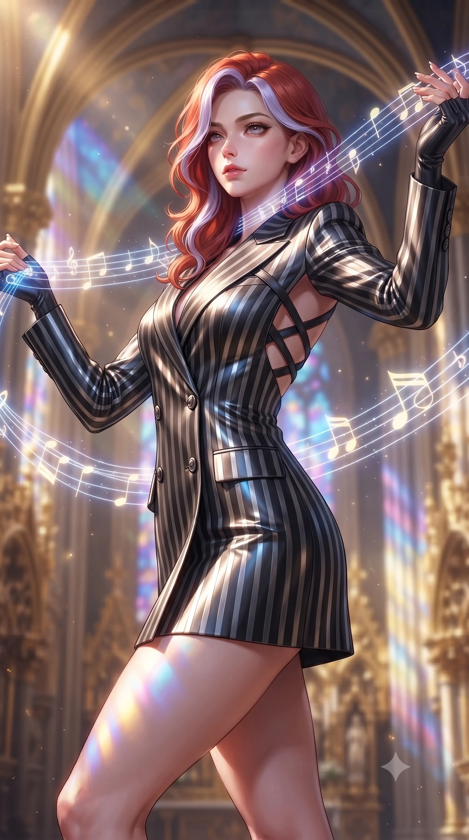 score_9, masterpiece, best quality, ultra-detailed, high-budget anime keyframe, editorial fashion photography, tasteful artistic composition, Caucasian woman. close-up cowboy shot from the waist and thighs up, the character dominates the composition, filling the frame with her large presence, background elements kept in soft focus. Gazing past the camera with an air of effortless elegance and mysterious confidence guiding glowing choir light threads weaving through majestic vaulted arches, golden filigree details on the architecture shining with brilliant luster. She has an exceptionally elegant, slender, and willowy female figure with an ultra-slim waist, a gracefully sculpted slender torso, and a refined silhouette. sharp v-shaped jawline, high-bridge nose, intricate jewel-like eyes with depth, thick eyelashes, glossy lips with a natural sheen. wearing a double-breasted blazer dress with metallic pin-stripes in matte black and polished silver, formed from sleek second-skin neoprene, complemented by criss-cross back straps highlighting her bare shoulders, the glove-like fit emphasizing her statuesque silhouette. lit by bright sunbursts creating vivid, saturated color projections. ultra-reflective glossy finish, specular highlights, metallic sheen, high-contrast stereoscopic depth, volumetric dynamic lighting, 2k, ultra detail, master piece, 9:16 ratio
