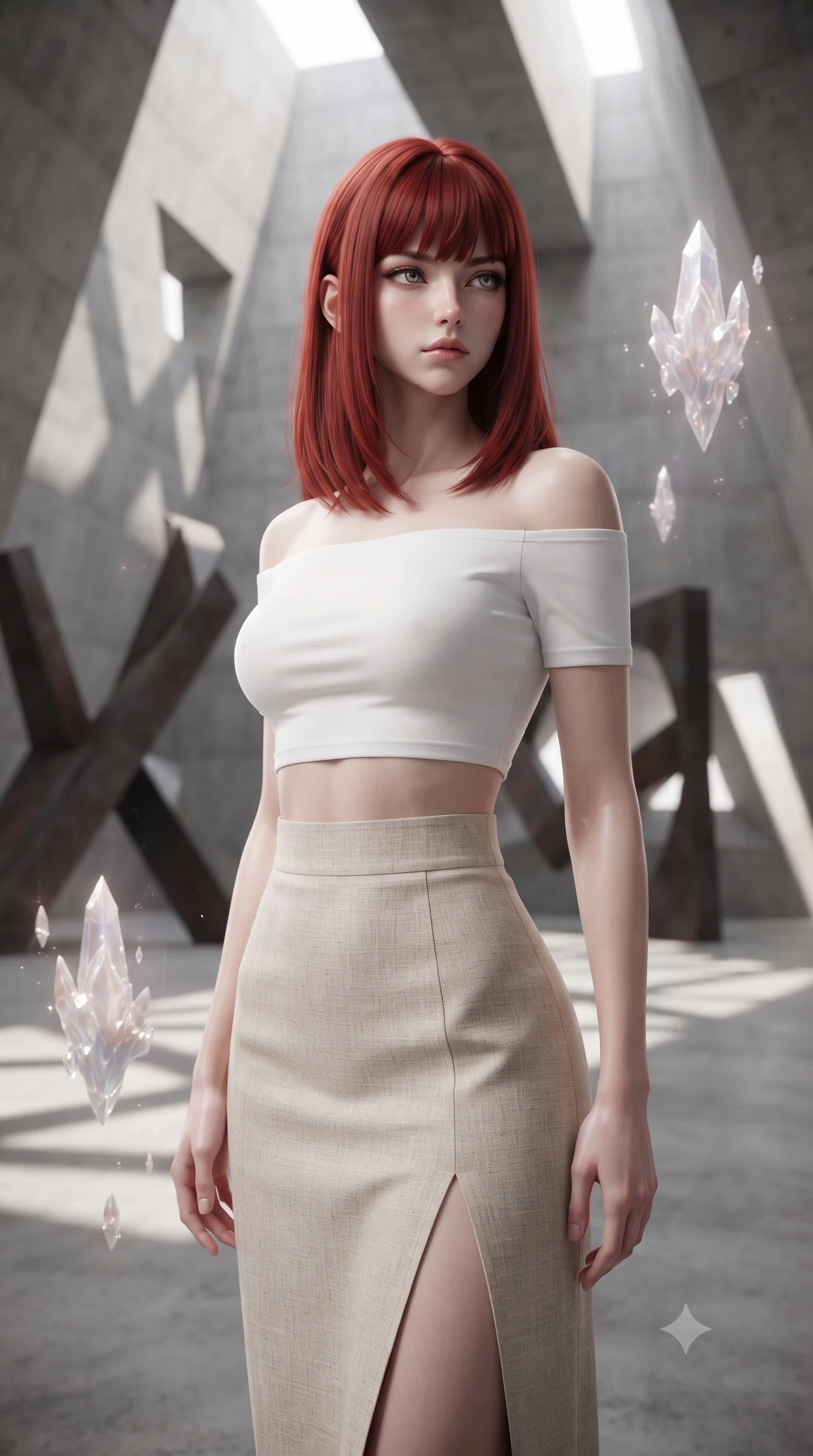 score_9, masterpiece, best quality, ultra-detailed, high-budget anime keyframe, editorial fashion photography, tasteful artistic composition, Caucasian woman, strictly human ears. close-up cowboy shot from the waist and thighs up, the character dominates the composition, filling the frame with her large presence, background elements kept in soft focus. Gazing past the camera with an air of effortless superiority. set against a soft-focus background of a raw concrete gallery space with dramatically angular walls and soaring ceilings featuring massive abstract steel sculptures and geometric shadow patterns cast by precisely placed architectural openings. She has an exceptionally elegant and slender, willowy female figure with an ultra-slim waist, a gracefully sculpted slender torso, and a refined slim physique. sharp v-shaped jawline, high-bridge nose, intricate jewel-like eyes with depth, thick eyelashes, glossy lips with a natural sheen. wearing a white off-shoulder crop top paired with a high-waisted beige linen skirt featuring a high side slit. ethereal pearlescent light emanating from floating crystalline formations all around. 2k, ultra detail, master piece, 9:16 ratio