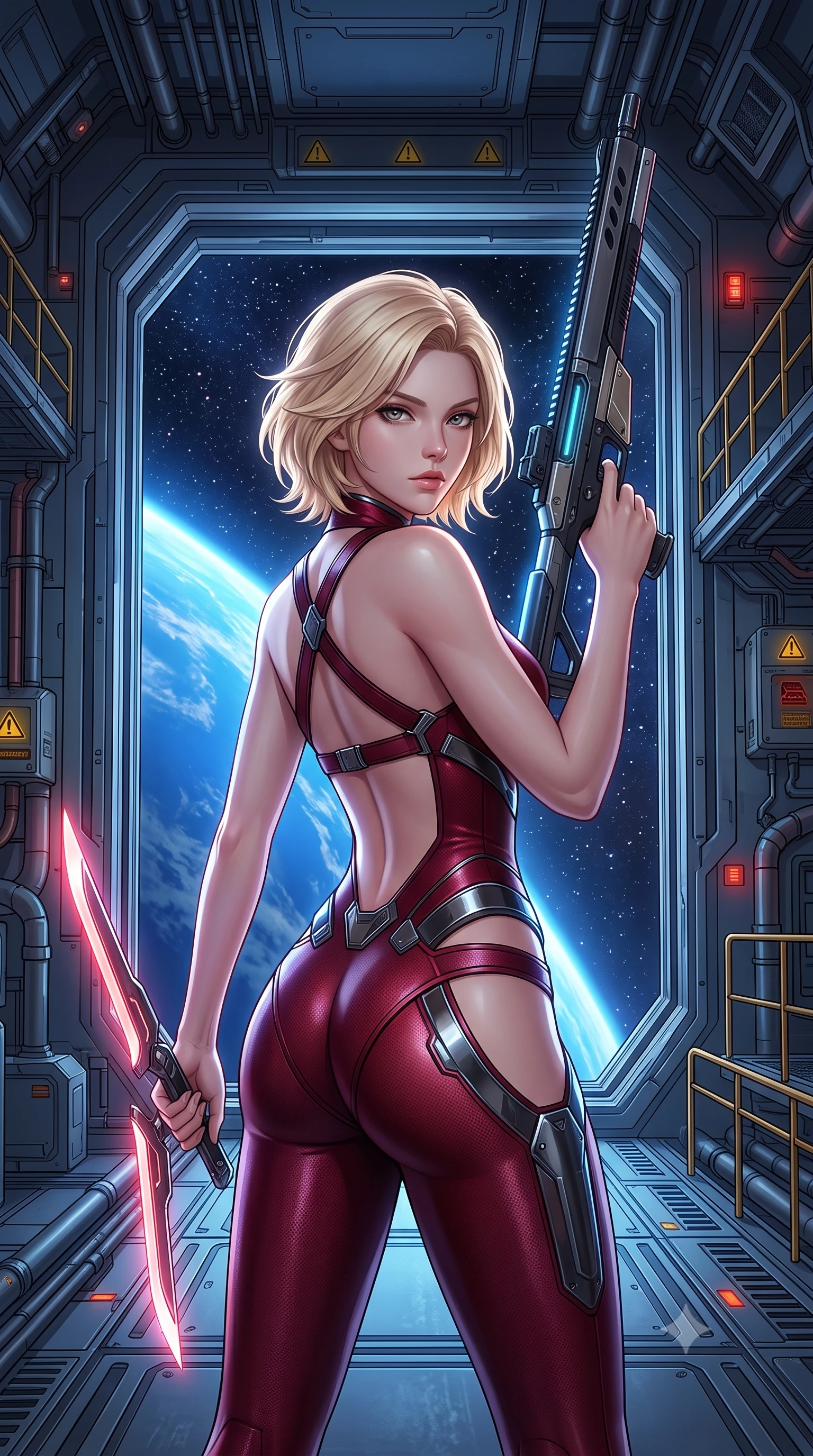 score_9, masterpiece, best quality, ultra-detailed, high-budget anime keyframe, semi-realistic 3D game render, editorial fashion photography, tasteful artistic composition, Caucasian woman. close-up cowboy shot from the waist and thighs up, the character dominates the composition, filling the frame with her large presence. gazing forward with divine sovereign poise, captivating jewel-like eyes shining with transcendent focus while holding her weapon with effortless mastery while standing poised near the massive open airlock of a zero-gravity orbital hangar while aiming a sleek carbon railgun rifle toward the cosmos. The surrounding environment is rendered in vivid detail and crisp panoramic clarity. dramatic space chiaroscuro and grand orbital engineering captured with environmental precision. She has an exceptionally elegant, slender, and willowy female figure with an ultra-slim waist, a gracefully sculpted slender torso, toned flat midriff, and a refined slim silhouette. sharp v-shaped jawline, high-bridge nose, intricate jewel-like eyes with depth, thick eyelashes, glossy lips with a natural sheen, flawlessly proportioned anatomical accuracy, strict slender model proportions, natural body alignment, perfectly sculpted long slender limbs, ultra-slim waistline, clean dynamic posture without body distortion. wearing a skin-tight crimson carbon-weave combat leotard with metallic dark chrome plating and hip-accentuating cutouts, holding twin glowing high-frequency vibro-blades with effortless supermodel poise in deep crimson carbon weave with specular dark chrome accents, made of lightweight aerodynamic carbon-titanium alloy with polished edge bevels, complemented by criss-cross back harness straps highlighting her completely bare spine, the form-contouring material adhering flawlessly to her sculpted flat midriff and slender torso, emphasizing her long leg lines and perfectly proportioned willowy build. bathed in dazzling natural orbital sunlight and rich blue planetary ambient bounce light. rich saturated anime colors with glowing neon highlights, detailed shading with soft gradients, rich glossy textures, high-contrast stereoscopic depth, volumetric dynamic lighting, master piece, 9:16 ratio