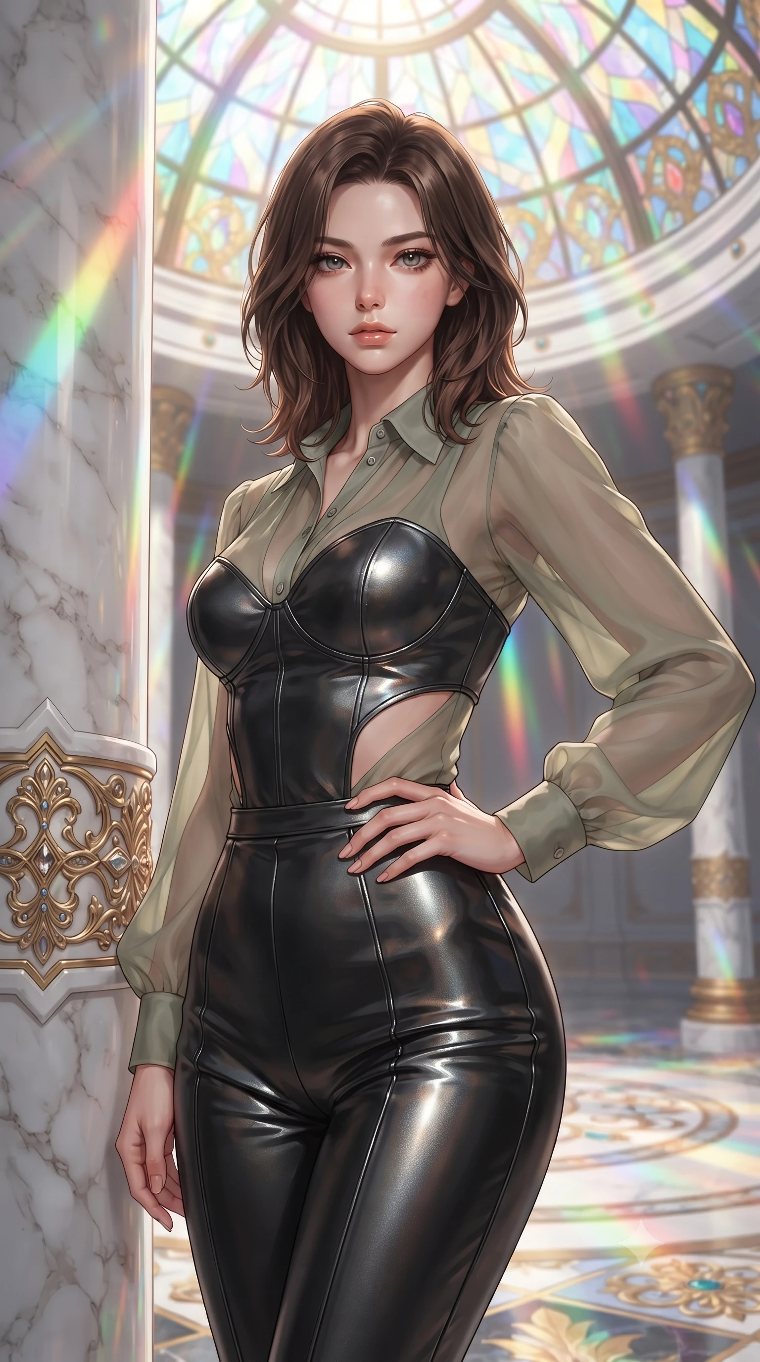 score_9, masterpiece, best quality, ultra-detailed, high-budget anime keyframe, editorial fashion photography, tasteful artistic composition, Korean woman. close-up cowboy shot from the waist and thighs up, the character dominates the composition, filling the frame with her large presence, background elements kept in soft focus. Holding a confident power pose with one hand on her hip, gazing directly into the camera with quiet intensity resting against a sculpted white marble pillar under a rainbow dome, golden filigree details on the architecture shining with brilliant luster. She has an exceptionally elegant, slender, and willowy female figure with an ultra-slim waist, a gracefully sculpted slender torso, and a refined silhouette. sharp v-shaped jawline, high-bridge nose, intricate jewel-like eyes with depth, thick eyelashes, glossy lips with a natural sheen. wearing a tailored leather bustier over a sheer silk chiffon blouse in sage green and oatmeal, crafted from smooth liquid silk, featuring clean architectural cutouts along her slender torso, the tailored fabric tightly following every curve of her athletic build. bathed in cascading rainbow prismatic light refracting through stained glass. ultra-reflective glossy finish, specular highlights, metallic sheen, high-contrast stereoscopic depth, volumetric dynamic lighting, 2k, ultra detail, master piece, 9:16 ratio