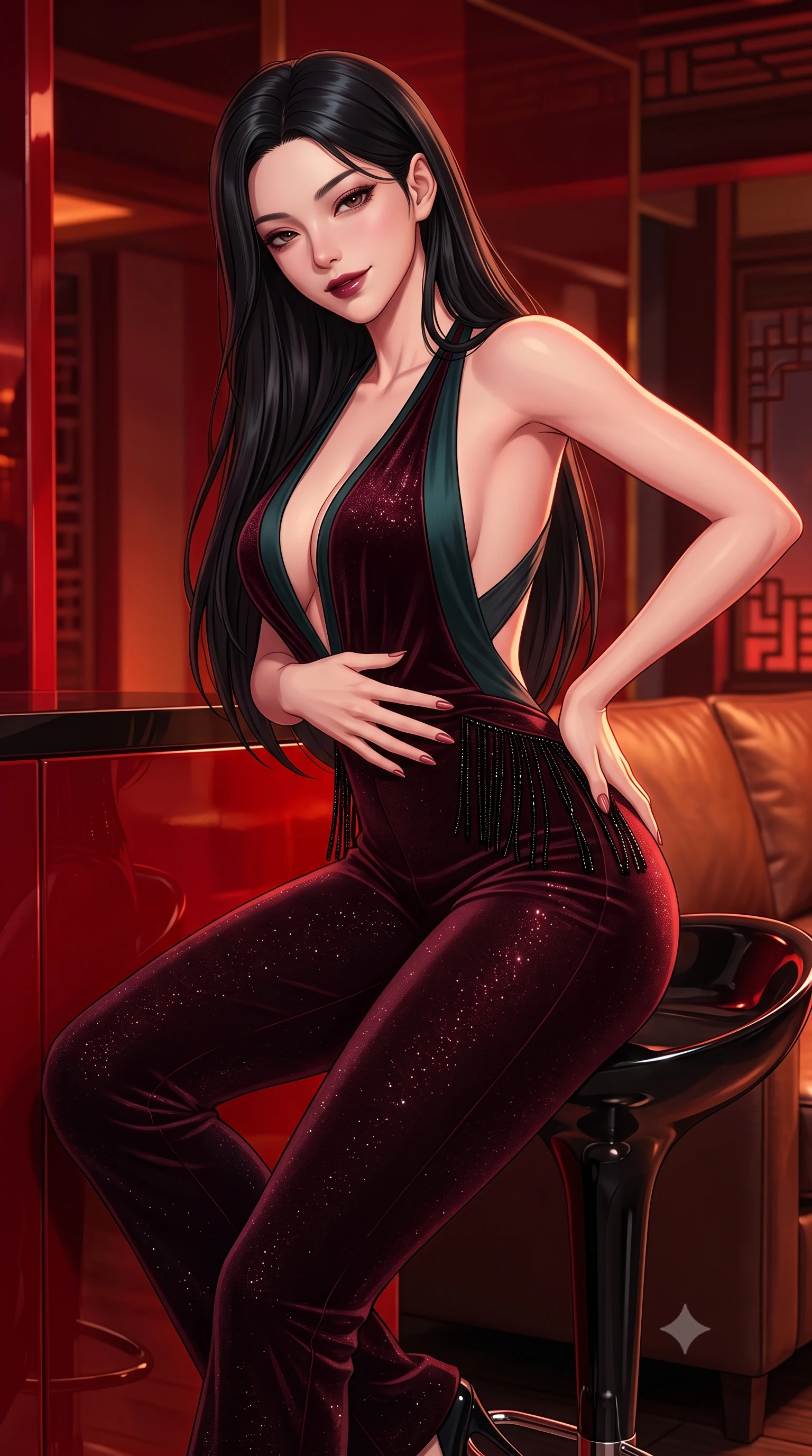 score_9, masterpiece, best quality, ultra-detailed, high-budget anime keyframe, semi-realistic 3D game render, editorial fashion photography, tasteful artistic composition, Korean woman. close-up cowboy shot from the waist and thighs up, the character dominates the composition, filling the frame with her large presence. leaning back against the leather lounge with relaxed seductive grace, one hand resting on her flat midriff as her narrow waist and curvy hips command the frame while sitting on a high glossy black stool beside a polished crimson lacquer partition, arching her lower back with a tantalizing, smoldering smile. The surrounding environment is rendered in vivid detail and crisp panoramic clarity. detailed garment weave, glossy lips sheen, and contemporary oriental interior architecture in high clarity. She has an exceptionally elegant, slender, and willowy female figure with an ultra-slim waist, flat toned midriff, narrow ribcage, and sculpted feminine hips creating an alluring, slim hourglass silhouette without bulk. sharp v-shaped jawline, high-bridge nose, intricate jewel-like dark sparkling eyes with dangerous depth, thick curled eyelashes, glossy parted lips with a rich wine sheen, smoldering seductive half-smile with bedroom-eyes, exuding effortless superiority and intoxicating dark allure, flawlessly proportioned anatomical accuracy, strict slender model proportions, natural body alignment, perfectly sculpted long slender limbs, ultra-slim waistline, clean dynamic posture without body distortion. wearing a second-skin dark burgundy stretch-velvet jumpsuit with a plunging neckline and open back in deep forest teal and dark gunmetal, woven from metallic lurex thread casting subtle starlight glints across the fabric, accented with fine jet-black beaded tassels that sway with each movement, the liquid-tight tailored fabric clinging flawlessly to her narrow waist and rounded feminine hips, emphasizing every millimeter of her sculpted slim hourglass curves without any bulky heaviness. bathed in intense crimson and deep amber low-key accent lighting. highly saturated vibrant anime colors, detailed shading with soft gradients, rich glossy textures, high-contrast stereoscopic depth, volumetric dynamic lighting, master piece, 9:16 ratio