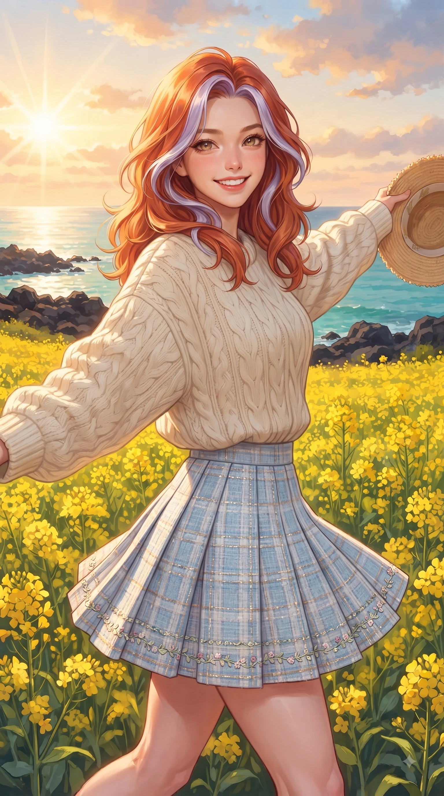 score_9, masterpiece, best quality, ultra-detailed, high-budget anime keyframe, editorial fashion photography, tasteful artistic composition, Caucasian woman. close-up cowboy shot from the waist and thighs up, the character dominates the composition, filling the frame with her large presence. Fresh enchanting smile, her eyes twinkling like jewels in the bright sunlight as one arm reaches out cheerfully while holding her straw sunhat lightly against the ocean breeze while smiling happily into the camera. The surrounding environment is rendered in vivid detail and crisp panoramic clarity. blooming yellow canola flower fields, dark basalt sea rocks, and crystal-clear turquoise ocean stretching to the horizon. She has an exceptionally elegant, slender, and willowy female figure with an ultra-slim waist, a gracefully sculpted slender torso, and a refined silhouette. sharp v-shaped jawline, high-bridge nose, intricate jewel-like eyes with depth, thick eyelashes, glossy lips with a natural sheen, flawlessly proportioned anatomical accuracy, natural body alignment, perfectly sculpted elegant limbs, clean dynamic posture without body distortion. wearing a cozy oversized cable-knit sweater paired with a chic pleated plaid mini skirt in baby blue and cloud white, tailored from soft pastel tweed with subtle metallic thread, complemented by delicate embroidered floral trim along the hem, the soft airy drape swaying gracefully with her dynamic movements. illuminated by a glorious golden hour sunburst painting the clouds in joyful peach and amber. ultra-reflective glossy finish, specular highlights, metallic sheen, high-contrast stereoscopic depth, volumetric dynamic lighting, 2k, ultra detail, master piece, 9:16 ratio