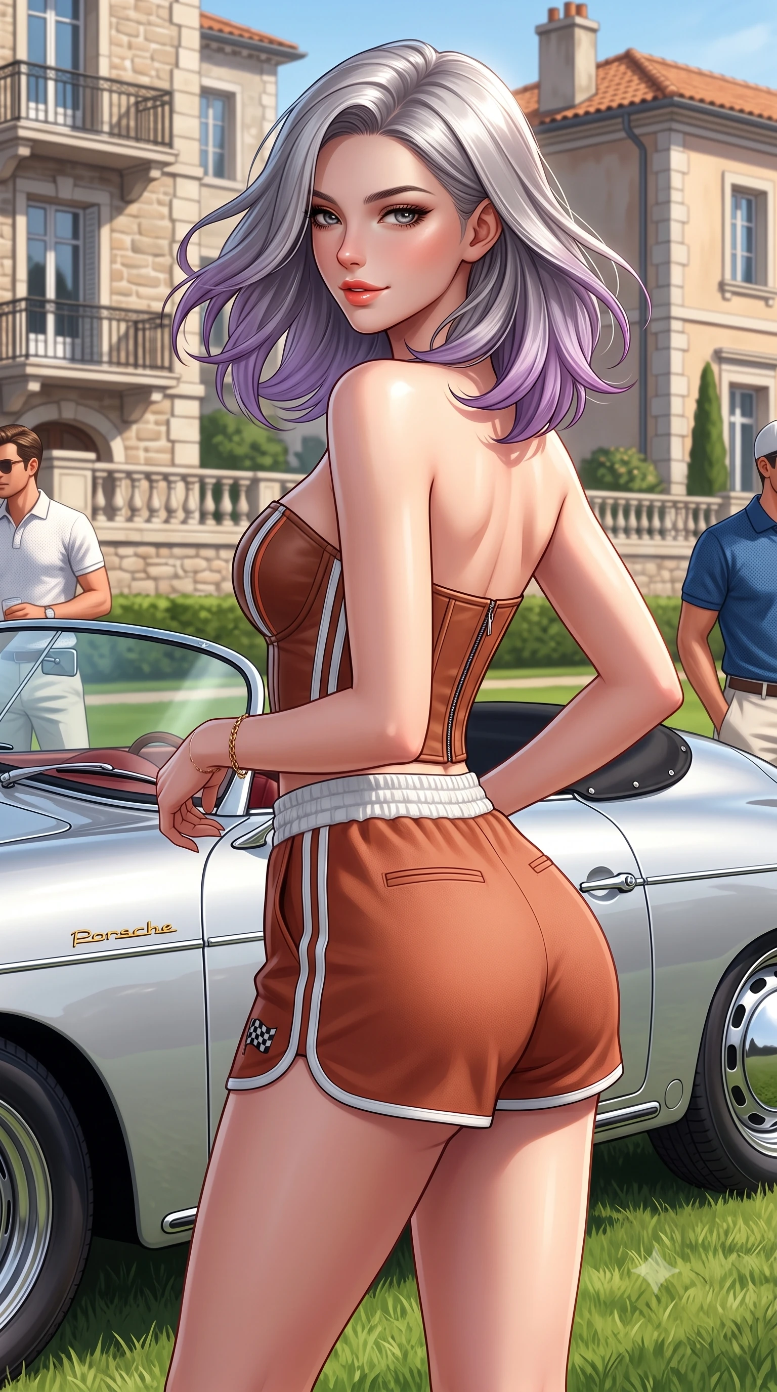 score_9, masterpiece, best quality, ultra-detailed, high-budget anime keyframe, semi-realistic 3D game render, editorial fashion photography, tasteful artistic composition, Caucasian woman. close-up cowboy shot from the waist and thighs up, the character dominates the composition, filling the frame with her large presence. turning slowly with a smoldering smile, her glossy hair tossing in the breeze as her hips angle gracefully in a captivating contrapposto while standing beside the tiny windshield of a classic silver Porsche 356 Speedster on the green polo lawn, arching her back with effortless French chic. The surrounding environment is rendered in vivid detail and crisp panoramic clarity: detailed piqué polo knit weave, sun-kissed skin glow, and French coastal architecture in razor-sharp precision. She has an exceptionally elegant, slender, and willowy female figure with an ultra-slim waist, flat toned midriff, narrow ribcage, and sculpted feminine hips creating an alluring, slim hourglass silhouette without bulk. sharp v-shaped jawline, high-bridge nose, sparkling eyes with athletic focus and depth, thick curled eyelashes, glossy parted lips with a natural coral-peach sheen, bright confident and coquettish smile with alluring bedroom-eyes, exuding both youthful sporty vigor and sovereign high-society glamour, flawlessly proportioned anatomical accuracy, strict slender model proportions, natural body alignment, perfectly sculpted long slender limbs, ultra-slim waistline, clean dynamic posture without body distortion. wearing a strapless structured leather corset top with racing stripe accents paired with high-waisted track shorts in classic clay-court terracotta and cloud white, tailored from ultra-soft fine cashmere yarn with an airy athletic drape, finished with contrasting racing stripe tape and subtle checkered flag embroidery, the liquid-tight tailored fabric clinging flawlessly to her narrow waist and rounded feminine hips, emphasizing every millimeter of her sculpted slim hourglass curves without any bulky heaviness. illuminated by polished car aluminum bounce and sharp platinum rim lights defining her razor-sharp jawline, narrow waist, and curvy hips. highly saturated vibrant anime colors, detailed shading with soft gradients, rich glossy textures, high-contrast stereoscopic depth, volumetric dynamic lighting, master piece, 9:16 ratio