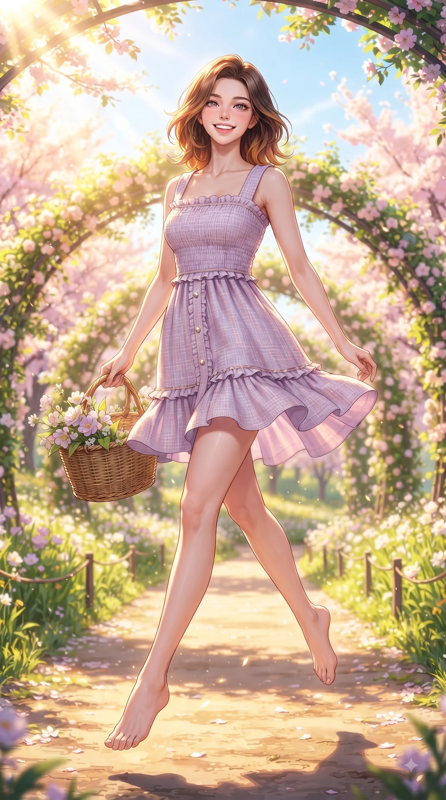 score_9, masterpiece, best quality, ultra-detailed, high-budget anime keyframe, editorial fashion photography, tasteful artistic composition, Korean woman. low angle full-body shot from head to toe showing her feet, filling the entire 9:16 vertical frame with her statuesque presence, stretching her vertical silhouette. leaping with pure youthful energy through the scene with a radiant bright smile, her long slender legs balanced gracefully while stepping along a sun-drenched park trail carrying a wicker basket with fresh youthful charm. The surrounding environment is rendered in vivid detail and crisp panoramic clarity. vibrant spring sunlight scattering through blooming flower arches with high environmental clarity. She has an absolutely perfect, statuesque 8.5-heads proportion, an exceptionally tall and slender model-like female figure with impossibly long slender legs and an ultra-slim waist. sharp v-shaped jawline, high-bridge nose, intricate jewel-like eyes with depth, thick eyelashes, glossy lips with a natural sheen, flawlessly proportioned anatomical accuracy, natural body alignment, perfectly sculpted elegant limbs, clean dynamic posture without body distortion. wearing a romantic lilac square-neck sundress with soft smocked bodice and fluttery hem in pastel lilac and soft rose gold, tailored from soft pastel tweed with subtle metallic thread, finished with subtle ruffle trims and delicate pearl buttons, the breezy lightweight fabric fluttering softly against her delicate frame. bathed in bright morning sunbeams and warm golden sakura backlighting. ultra-reflective glossy finish, specular highlights, metallic sheen, high-contrast stereoscopic depth, volumetric dynamic lighting, 2k, ultra detail, master piece, 9:16 ratio