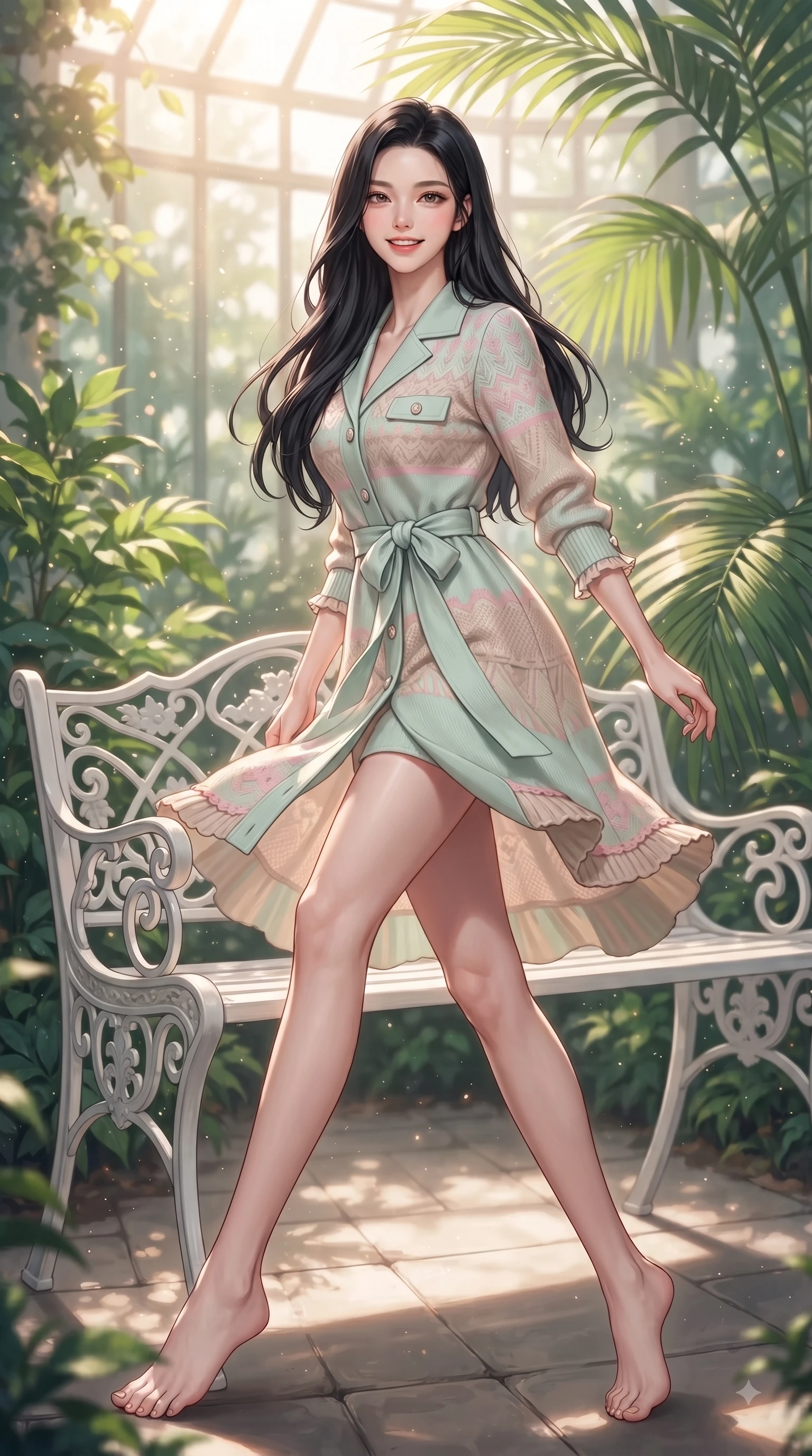 score_9, masterpiece, best quality, ultra-detailed, high-budget anime keyframe, editorial fashion photography, tasteful artistic composition, Korean woman. low angle full-body shot from head to toe showing her feet, filling the entire 9:16 vertical frame with her statuesque presence, stretching her vertical silhouette. pivoting dynamically with a fresh infectious smile, her ultra-slim waist creating a sweeping fluid curve while sitting on a classic white iron bench in a sun-drenched glasshouse surrounded by emerald greenery. The composition keeps background elements in soft focus with dreamy bokeh. sun-drenched tropical palm leaves scattering soft background light motes around her silhouette. She has an absolutely perfect, statuesque 8.5-heads proportion, an exceptionally tall and slender model-like female figure with impossibly long slender legs and an ultra-slim waist. sharp v-shaped jawline, high-bridge nose, intricate jewel-like eyes with depth, thick eyelashes, glossy lips with a natural sheen, flawlessly proportioned anatomical accuracy, natural body alignment, perfectly sculpted elegant limbs, clean dynamic posture without body distortion. wearing a stylish pastel mint trench dress with a tied belt waist and folded collar in cherry blossom pink and soft beige, knitted from soft cozy cashmere yarn, finished with subtle ruffle trims and delicate pearl buttons, the soft airy drape swaying gracefully with her dynamic movements. illuminated by fresh botanical sunbeams casting delicate leaf patterns. ultra-reflective glossy finish, specular highlights, metallic sheen, high-contrast stereoscopic depth, volumetric dynamic lighting, 2k, ultra detail, master piece, 9:16 ratio