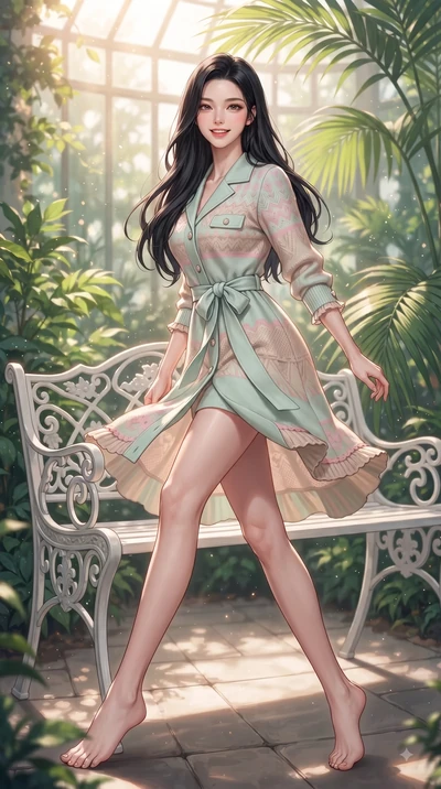 score_9, masterpiece, best quality, ultra-detailed, high-budget anime keyframe, editorial fashion photography, tasteful artistic composition, Korean woman. low angle full-body shot from head to toe showing her feet, filling the entire 9:16 vertical f