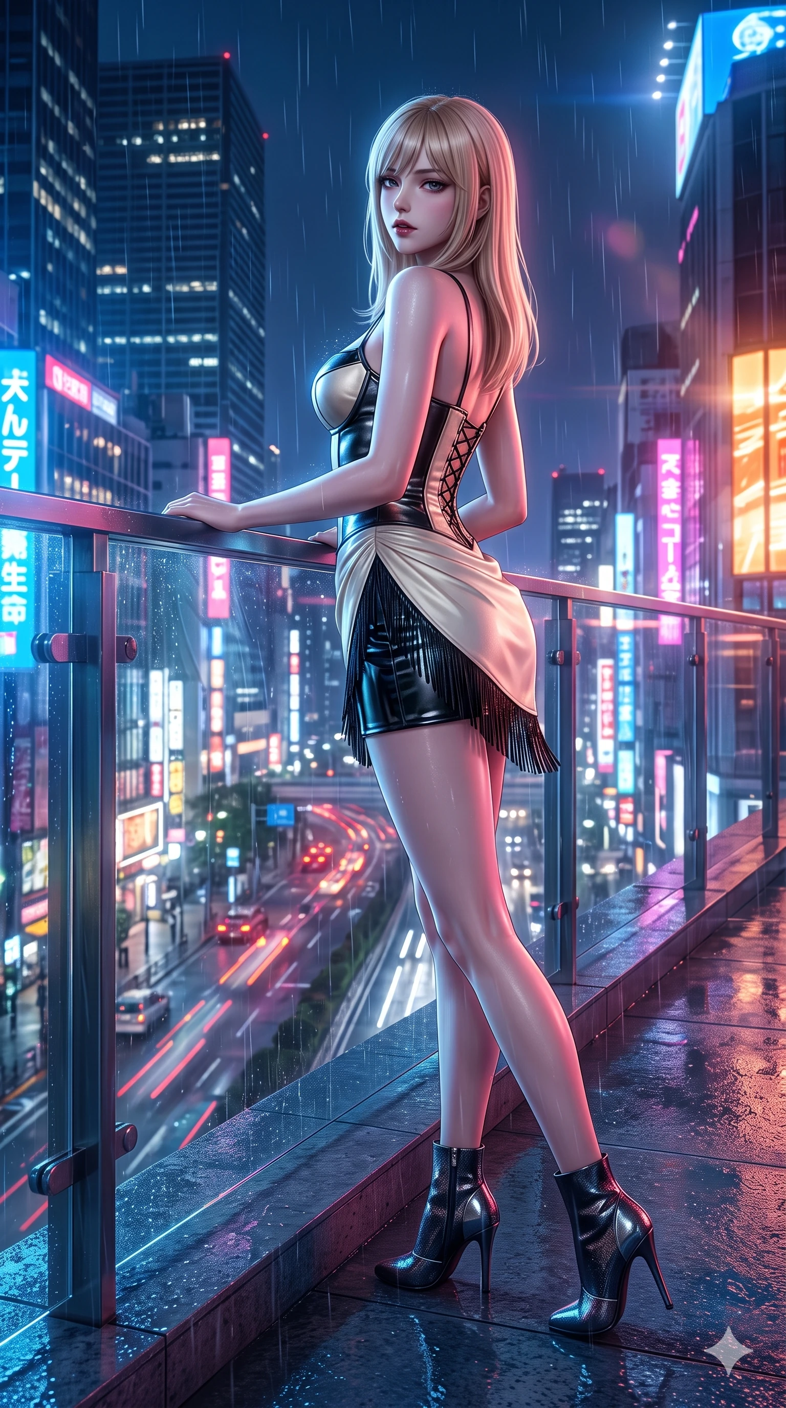 score_9, masterpiece, best quality, ultra-detailed, high-budget anime keyframe, semi-realistic 3D game render, editorial fashion photography, tasteful artistic composition, Japanese woman. low angle full-body shot from head to toe showing her feet, filling the entire 9:16 vertical frame with her statuesque presence, stretching her vertical silhouette. leaning back against the sleek glass parapet with hips cocked back, casting an intoxicating, sultry bedroom-gaze over a bare shoulder toward the lens while stepping forward into the rain-streaked neon light, head tilted slightly as her smoldering gaze captivates the lens. The surrounding environment is rendered in vivid detail and crisp panoramic clarity: detailed metallic leather mini dress cling, liquid mercury sheen, and modern Japanese cityscape in razor-sharp clarity. She has an exceptionally tall and slender model-like 8.5-heads proportion, an ultra-slim waist, a flat toned midriff, narrow delicate ribcage, and beautifully sculpted feminine hips creating a graceful, slim hourglass silhouette without any bulky heaviness, with impossibly long slender legs. sharp v-shaped jawline, high-bridge nose, intricate jewel-like dark sparkling eyes with dangerous depth, thick curled eyelashes, glossy parted lips with a rich wine sheen, smoldering seductive half-smile with bedroom-eyes, exuding effortless superiority and intoxicating dark allure, flawlessly proportioned anatomical accuracy, strict slender model proportions, natural body alignment, perfectly sculpted long slender limbs, ultra-slim waistline, clean dynamic posture without body distortion. wearing a structured underwire leather bustier top paired with an ultra-short draped wrap mini skirt in celestial champagne ivory and high-gloss jet black, featuring fine criss-cross satin back lacing tracing her slender spine, finished with delicate jet-black micro-fringe fluttering softly along her hips with each step, the glove-like silhouette tightly following the natural contour of her hips and long slender legs with youthful 8.5-heads elegance. bathed in multi-colored cybernetic neon floods shifting between cobalt blue, hot pink, and radiant amber. highly saturated vibrant anime colors, detailed shading with soft gradients, rich glossy textures, high-contrast stereoscopic depth, volumetric dynamic lighting, master piece, 9:16 ratio