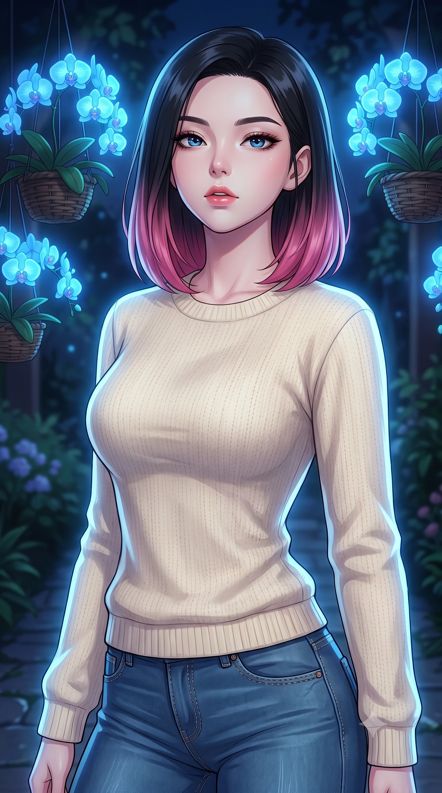 score_9, masterpiece, best quality, ultra-detailed, high-budget anime keyframe, tasteful artistic composition, Korean woman. close-up cowboy shot from the waist and thighs up, the character dominates the composition, filling the frame with her large presence, background elements kept in soft focus. tilting her chin up slightly with lips parted in a composed, provocative expression the background shows a soft-focus a private garden pathway under hanging baskets of glowing blue orchids at night. She has an exceptionally elegant, slender, and willowy female figure with an ultra-slim waist, a gracefully sculpted slender torso, and a refined silhouette. sharp v-shaped jawline, high-bridge nose, intricate jewel-like eyes with depth, thick eyelashes, glossy lips with a natural sheen. wearing a tailored comfortable cream fleece sweater over blue denim jeans. soft blue bioluminescent light making her skin luminously glow against the dark. highly saturated vibrant anime colors, cel-shading, 2d style, master piece, 9:16 ratio