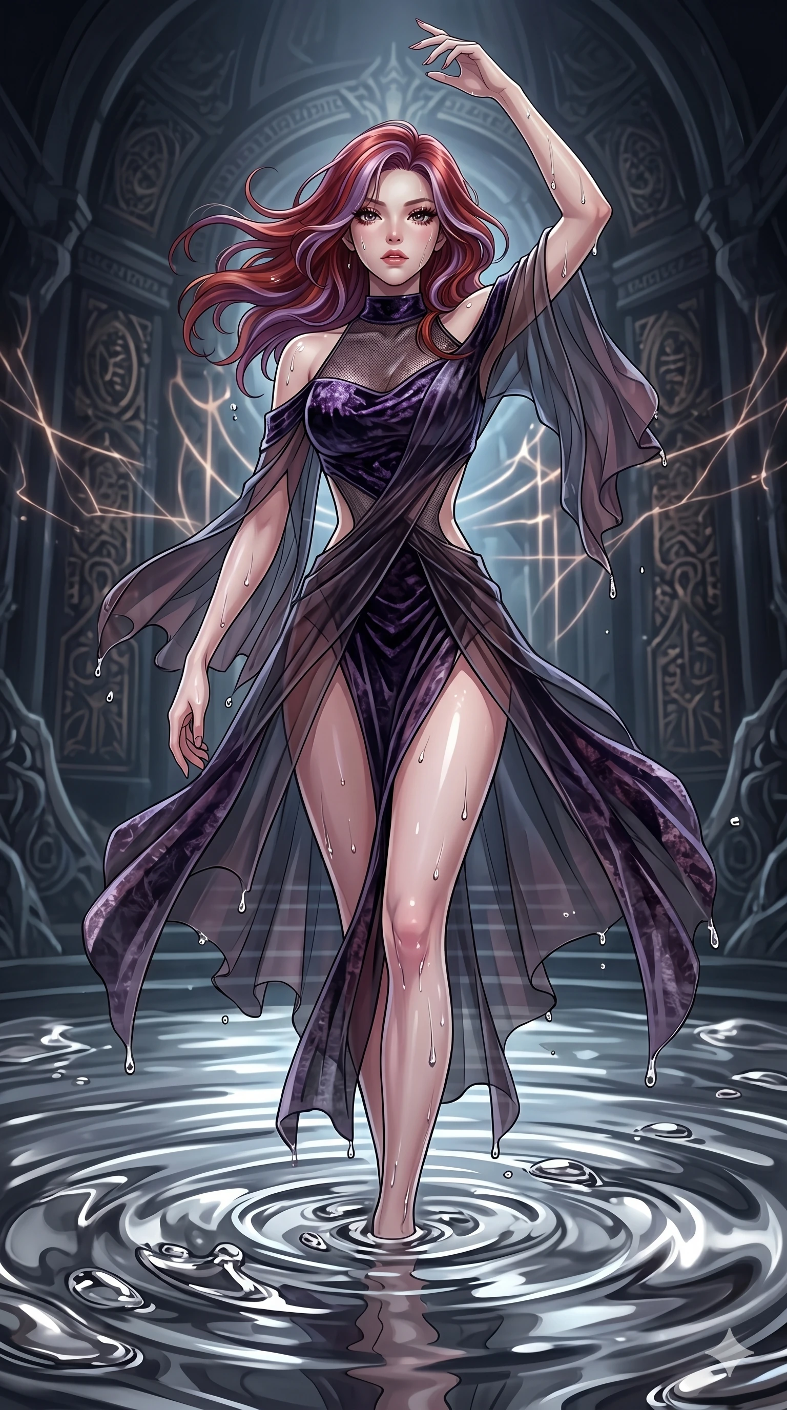 score_9, masterpiece, best quality, ultra-detailed, High-budget Anime Keyframe, East Asian woman. Dynamic full-body shot stretching the vertical silhouette to the limit. Scenario 124: Rising from a pool of mercury-like liquid, droplets rolling off her skin. Her presence is magnetic and overpowering in this high-budget anime scene. Outfit 124: A crushed dark velvet micro-mesh with a low-cut shoulder and translucent layers. The clothing is designed to emphasize her exceptionally tall and slender 8-heads proportion. 8-heads proportion, towering silhouette, ultra-slim waist. sharp v-shaped jawline, intricate jewel-like eyes with depth, thick eyelashes, glossy lips. 2k, ultra detail, master piece, 9:16 ratio