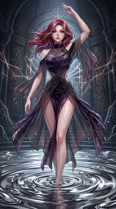 score_9, masterpiece, best quality, ultra-detailed, High-budget Anime Keyframe, East Asian woman. Dynamic full-body shot stretching the vertical silhouette to the limit. Scenario 124: Rising from a pool of mercury-like liquid, droplets rolling off he