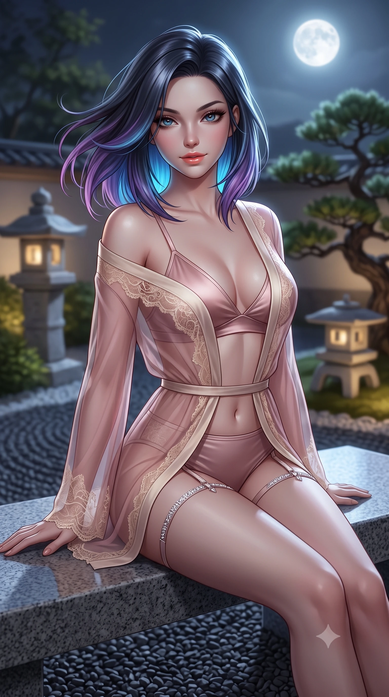 score_9, masterpiece, best quality, ultra-detailed, high-budget anime keyframe, semi-realistic 3D game render, editorial fashion photography, tasteful artistic composition, Caucasian woman. close-up cowboy shot from the waist and thighs up, the character dominates the composition, filling the frame with her large presence. turning slowly with an enchanting smoldering smile, her glossy hair tossing in the breeze as her hips angle gracefully in a captivating contrapposto while sitting gracefully on the smooth polished granite monolith bench, arching her lower back to emphasize her curvy hips amid raked dark gravel. The background shows a soft-focus stone pagoda lanterns softened in contemplative modern Japanese luxury shallow focus. She has an exceptionally elegant, slender, and willowy female figure with an ultra-slim waist, flat toned midriff, narrow ribcage, and sculpted feminine hips creating an alluring, slim hourglass silhouette without bulk. sharp v-shaped jawline, high-bridge nose, sparkling eyes with hypnotic seductive depth, thick curled eyelashes, glossy parted lips with a natural dewy peach sheen, alluring bedroom-eyes with an enchanting coquettish smile, exuding magnetic siren charisma and sophisticated glamour, flawlessly proportioned anatomical accuracy, strict slender model proportions, natural body alignment, perfectly sculpted long slender limbs, ultra-slim waistline, clean dynamic posture without body distortion. wearing a sheer organza modern kimono robe worn loose and slipping off bare shoulders over a matching satin bralette and high-waisted briefs in dusky blush pink and warm ivory lace, made of semi-opaque stretch illusion mesh with soft shadowy contours, finished with delicate crystal-encrusted thigh garter straps glinting in the dim light, the form-contouring silhouette accentuating her sculpted flat midriff, narrow delicate ribcage, and gracefully curvy hips with intoxicating allure. bathed in soft 2800K low-voltage garden ground spotlights highlighting the bonsai pine mixed with full moon sky glow. highly saturated vibrant anime colors, detailed shading with soft gradients, rich glossy textures, high-contrast stereoscopic depth, volumetric dynamic lighting, master piece, 9:16 ratio