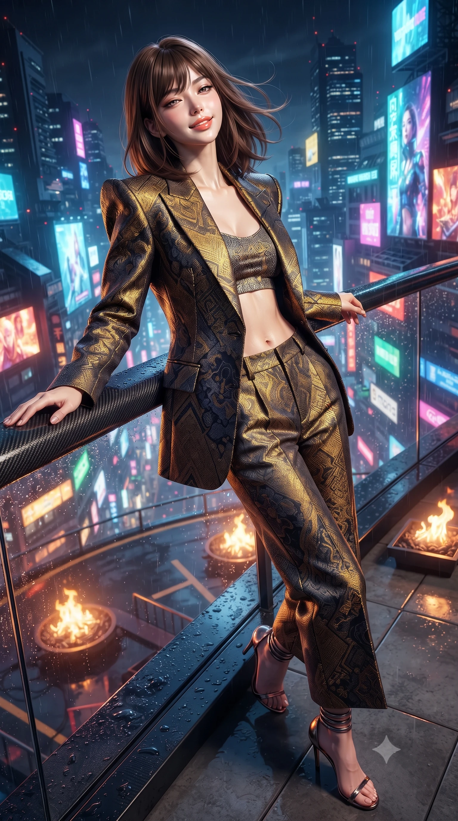 score_9, masterpiece, best quality, ultra-detailed, high-budget anime keyframe, editorial fashion photography, tasteful artistic composition, Korean woman. close-up cowboy shot from the waist and thighs up, the character dominates the composition, filling the frame with her large presence. leaning back against the balustrade with relaxed seductive grace, head tilted back slightly while casting a hypnotic, heavy-lidded gaze while standing poised on the wet carbon-fiber helipad high above Roppongi's holographic canyon, arching her back with high-fashion supermodel confidence as warm urban exhaust winds blow. The surrounding environment is rendered in vivid detail and crisp panoramic clarity: detailed garment tailoring, cyber-hardware accents, and cutting-edge aero-architecture in razor-sharp precision. She has an exceptionally elegant, slender, and willowy female figure with an ultra-slim waist, flat toned midriff, narrow ribcage, and sculpted feminine hips creating an alluring, slim hourglass silhouette without bulk. sharp v-shaped jawline, high-bridge nose, intricate jewel-like sparkling eyes with depth, thick eyelashes, glossy parted lips with a natural peach sheen, bright cheerful beaming smile with an enchanting and coquettish sensual glint, exuding both youthful cute charm and seductive allure, flawlessly proportioned anatomical accuracy, strict slender model proportions, natural body alignment, perfectly sculpted long slender limbs, ultra-slim waistline, clean dynamic posture without body distortion. wearing a bespoke Neo-Tokyo structured blazer with angular padded shoulders and wide-leg tailored tech-wool trousers in solar-flare gold and interstellar onyx, woven from structured carbon-fiber jacquard with rich textural depth, complemented by strappy stiletto sandals with metallic ankle wraps accentuating her slender calves, the bespoke structured tailoring following the natural line of her 8.5-heads silhouette with refined elegance. bathed in the dynamic multi-colored ambient glow of mammoth holographic billboards contrasted with warm fire pit flames. ultra-reflective glossy finish, specular highlights, rich textural contrasts, high-contrast stereoscopic depth, volumetric dynamic lighting, 2k, ultra detail, master piece, 9:16 ratio