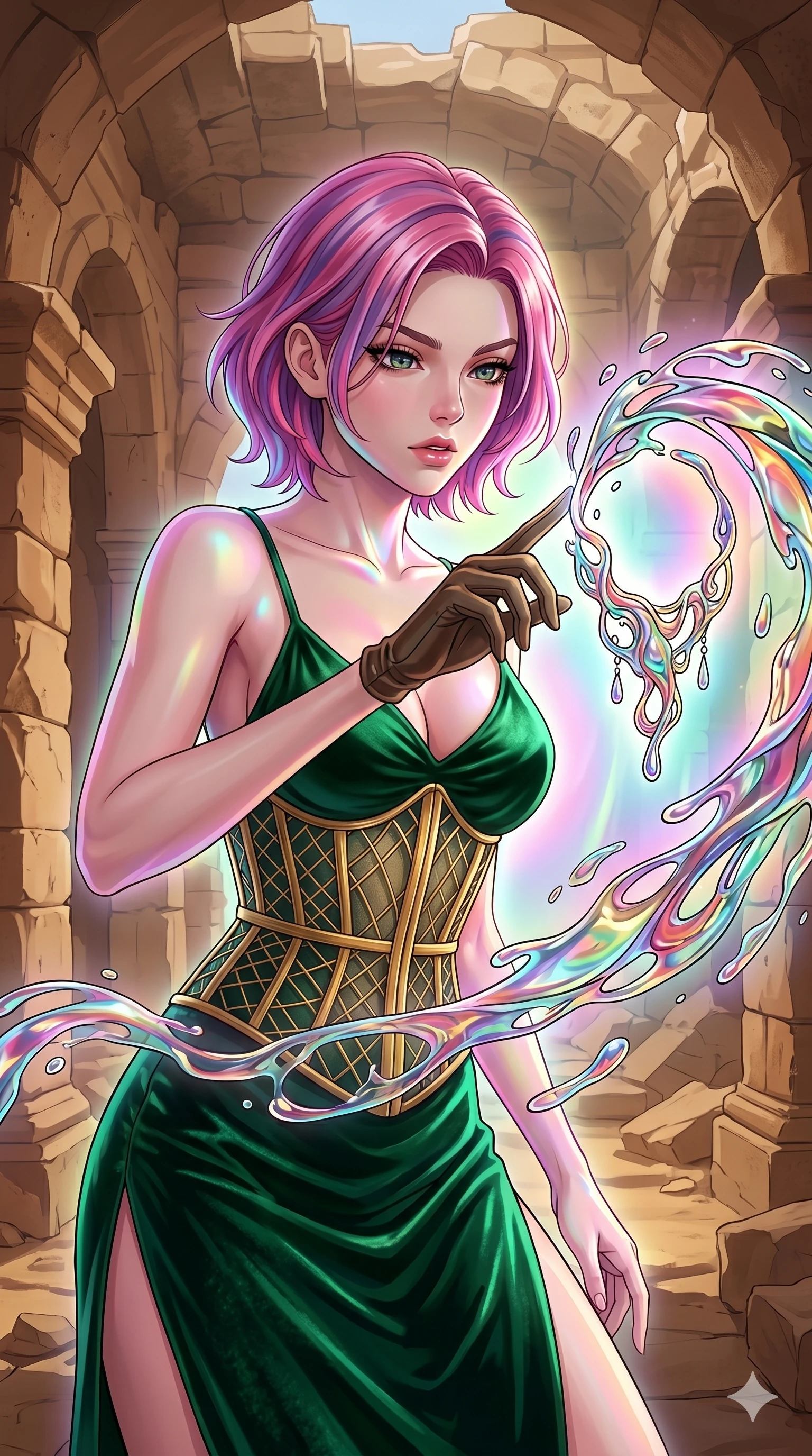 score_9, masterpiece, best quality, ultra-detailed, high-budget anime keyframe, Caucasian woman, strictly human ears. upper body close-up from the thighs up, character filling the screen for maximum presence. interacting with liquid stained-glass that melts and swirls in mid-air inside a crumbling desert ruin, the fluid jewelry floating in suspension. She has an absolutely perfect 8-heads proportion, an exceptionally tall and slender female figure with impossibly long slender legs and an ultra-slim waist. V-shaped jawline, high-bridge nose, intricate jewel-like eyes with depth, thick eyelashes, glossy lips with a natural sheen.. wearing a mathematical gold wire cage corset and an emerald green silk velvet slip dress with a thigh-high side slit. enhanced by a luminous pastel spectrum glow, casting elegant rim lights on her shoulders and jawline. 2k, ultra detail, master piece, 9:16 ratio