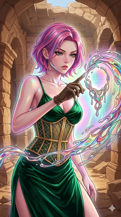 score_9, masterpiece, best quality, ultra-detailed, high-budget anime keyframe, Caucasian woman, strictly human ears. upper body close-up from the thighs up, character filling the screen for maximum presence. interacting with liquid stained-glass tha