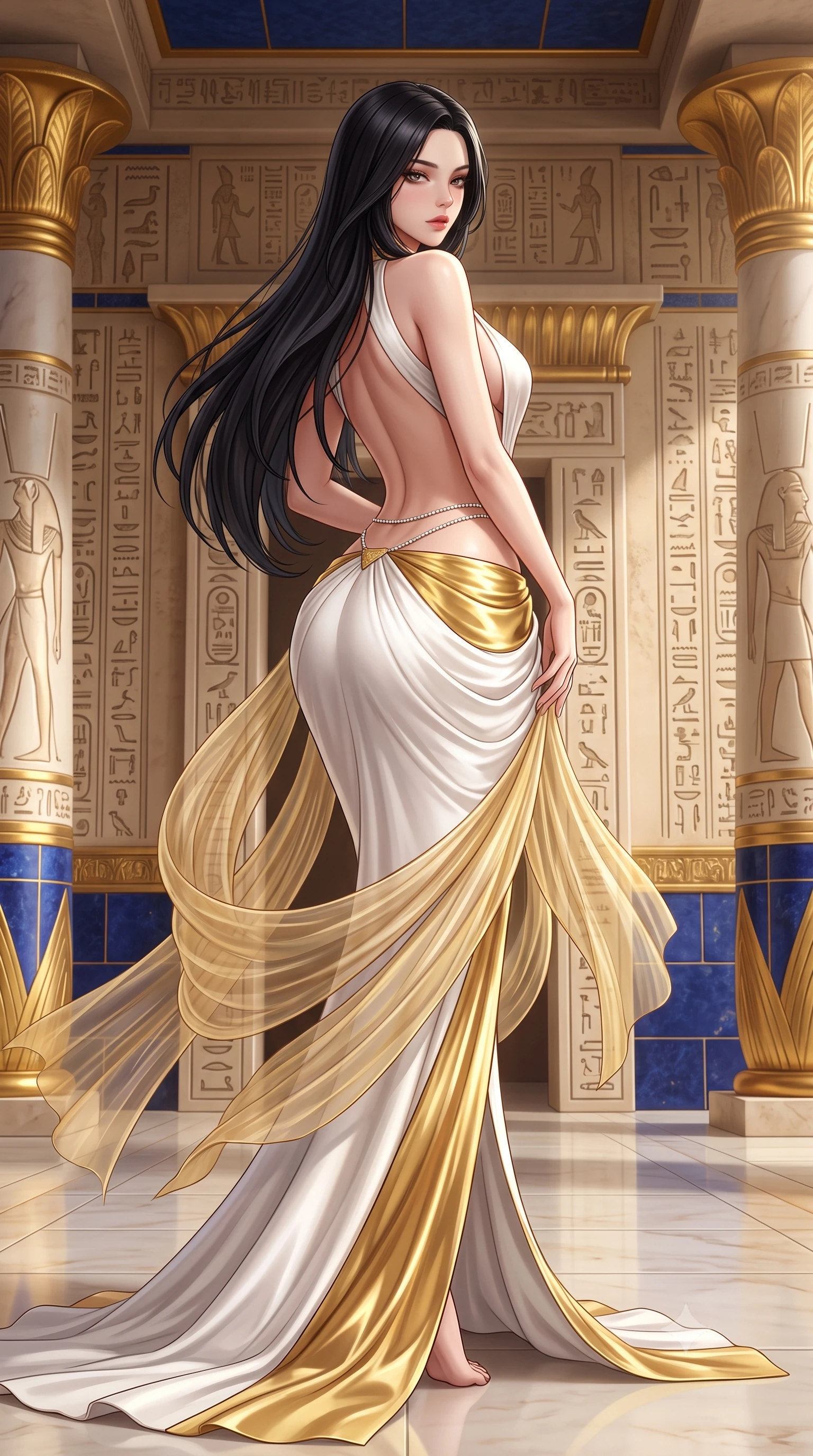 score_9, masterpiece, best quality, ultra-detailed, high-budget anime keyframe, semi-realistic 3D game render, editorial fashion photography, tasteful artistic composition, Korean woman. low angle full-body shot from head to toe showing her feet, filling the entire 9:16 vertical frame with her statuesque presence, stretching her vertical silhouette. posing with back turned slightly to the lens, glancing back with smoldering allure as she arches her lower back to emphasize her sculpted feminine hips and slender waist while pivoting gracefully on the polished alabaster temple floor, her sheer pleated gold drapery swirling around her statuesque hips and long legs. The surrounding environment is rendered in vivid detail and crisp panoramic clarity. sharp hieroglyphic wall carvings, gold leaf column capitals, and deep blue lapis lazuli tile in deep focus. She has an absolutely perfect, statuesque 8.5-heads proportion, an exceptionally tall and slender model-like female figure with impossibly long slender legs, a toned flat midriff, an ultra-slim waist, and beautifully sculpted feminine hips. sharp v-shaped jawline, high-bridge nose, intricate jewel-like eyes with depth, thick eyelashes, glossy parted lips with a natural sheen, intensely captivating and seductive bedroom-eyes expression, flawlessly proportioned anatomical accuracy, strict slender model proportions, natural body alignment, perfectly sculpted long slender limbs, ultra-slim waistline, clean dynamic posture without body distortion. wearing an open-back royal duchess satin gown with a dramatic hip-hugging drape and cascading trailing hem in pure alabaster white and polished gold leaf, crafted from second-skin supple lambskin leather with liquid drape, accented with a dainty diamond waist chain framing her sun-kissed midriff, the dramatically scooped open back descending to the base of her spine, accentuating her razor-sharp statuesque lines and curvy hourglass silhouette. surrounded by a sovereign, divine, and breathlessly mesmerizing Nile queen aura. highly saturated vibrant anime colors, detailed shading with soft gradients, rich glossy textures, high-contrast stereoscopic depth, volumetric dynamic lighting, master piece, 9:16 ratio