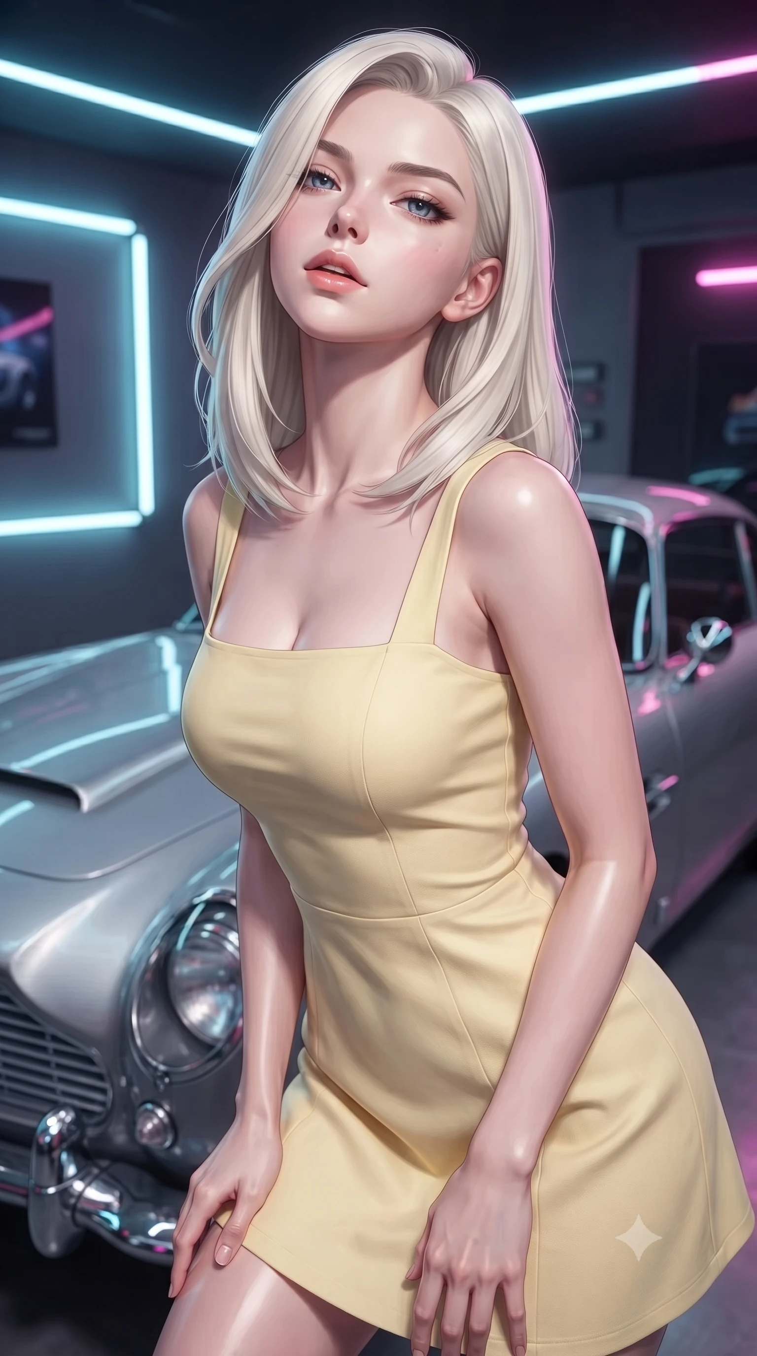 score_9, masterpiece, best quality, ultra-detailed, high-budget anime keyframe, editorial fashion photography, tasteful artistic composition, Caucasian woman. close-up cowboy shot from the waist and thighs up, the character dominates the composition, filling the frame with her large presence, background elements kept in soft focus. tilting her chin up slightly with lips parted in a composed, provocative expression the background shows a soft-focus a private high-tech garage with a sleek silver classic supercar and neon lights. She has an exceptionally elegant, slender, and willowy female figure with an ultra-slim waist, a gracefully sculpted slender torso, and a refined silhouette. sharp v-shaped jawline, high-bridge nose, intricate jewel-like eyes with depth, thick eyelashes, glossy lips with a natural sheen. wearing a tailored casual summer sundress in pale yellow cotton with a simple square neckline. neon rim lights reflecting off the metallic paint and chrome surfaces. ultra-reflective glossy finish, specular highlights, metallic sheen, high-contrast stereoscopic depth, volumetric dynamic lighting, 2k, ultra detail, master piece, 9:16 ratio