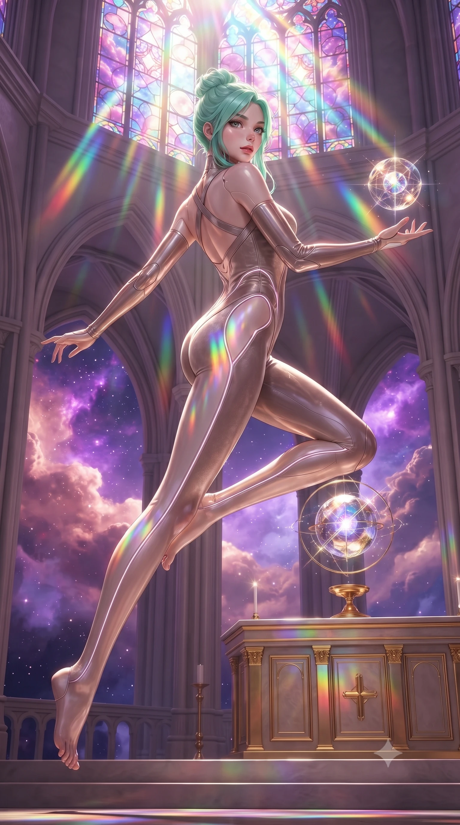 score_9, masterpiece, best quality, ultra-detailed, high-budget anime keyframe, editorial fashion photography, tasteful artistic composition, Japanese woman. low angle full-body shot from head to toe showing her feet, filling the entire 9:16 vertical frame with her statuesque presence, stretching her vertical silhouette. leaping gracefully through mid-air with statuesque elegance, her impossibly long slender legs stretched in perfect balance while reaching her hand toward a glowing celestial orb hovering over a golden altar, vivid purple and rose-gold nebula clouds glowing through cathedral-like arches. She has an absolutely perfect, statuesque 8.5-heads proportion, an exceptionally tall and slender model-like female figure with impossibly long slender legs and an ultra-slim waist. sharp v-shaped jawline, high-bridge nose, intricate jewel-like eyes with depth, thick eyelashes, glossy lips with a natural sheen, flawlessly proportioned anatomical accuracy, natural body alignment, perfectly sculpted elegant limbs, clean dynamic posture without body distortion. wearing a skin-tight cybernetic bodysuit with glowing neon seams and side cutouts in muted taupe and soft ivory, made of premium stretch velvet with a rich sheen, complemented by criss-cross back straps highlighting her bare shoulders, the form-contouring material highlighting her ultra-slim waist and long lines. illuminated by cascading rainbow prismatic light refracting through stained glass. ultra-reflective glossy finish, specular highlights, metallic sheen, high-contrast stereoscopic depth, volumetric dynamic lighting, 2k, ultra detail, master piece, 9:16 ratio