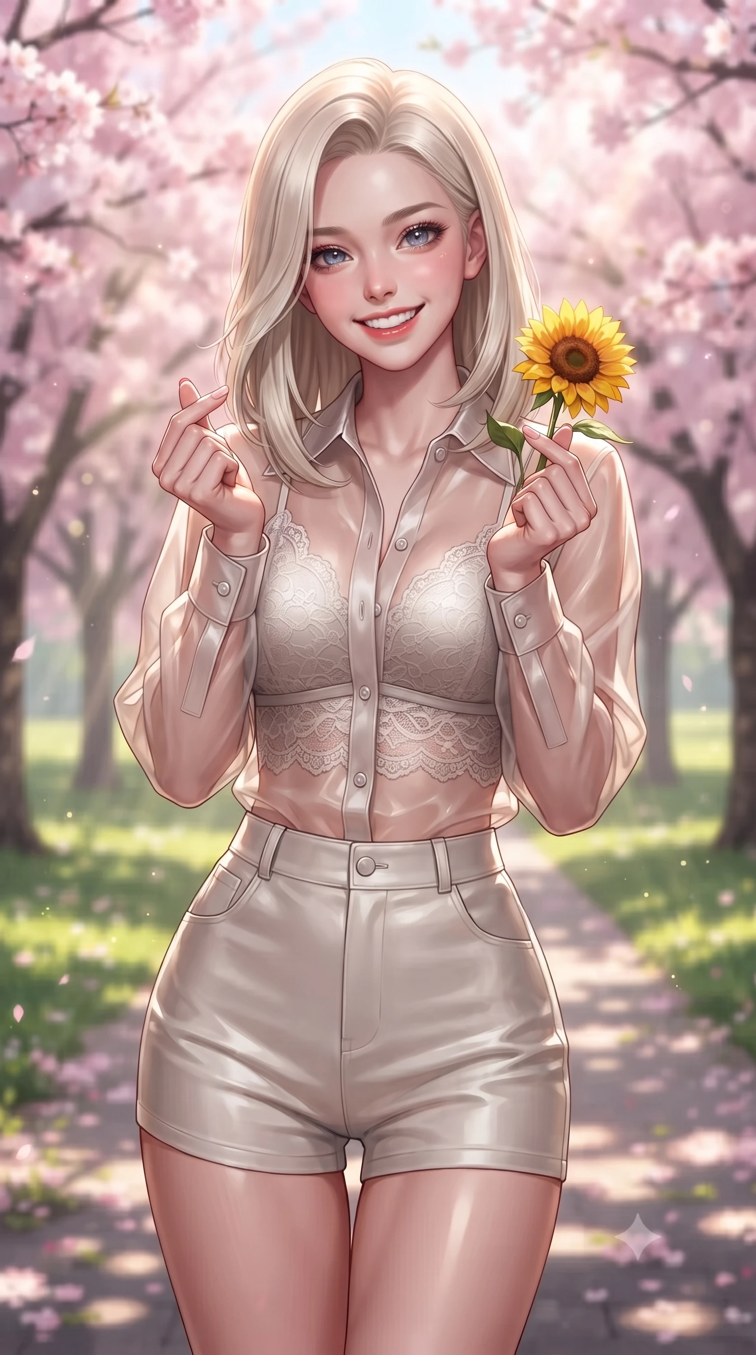 score_9, masterpiece, best quality, ultra-detailed, high-budget anime keyframe, editorial fashion photography, tasteful artistic composition, Caucasian woman. close-up cowboy shot from the waist and thighs up, the character dominates the composition, filling the frame with her large presence, background elements kept in soft focus. flashing a bright, sunny grin, holding her fingers in a cute small heart shape set against a soft-focus background of walking down a park path lined with blooming pink cherry blossom trees holding a single bright sunflower with a cheerful, sunny grin. She has an exceptionally elegant, slender, and willowy female figure with an ultra-slim waist, a gracefully sculpted slender torso, and a refined silhouette. sharp v-shaped jawline, high-bridge nose, intricate jewel-like eyes with depth, thick eyelashes, glossy lips with a natural sheen. wearing form-contouring sheer organza button-up shirt worn over a lace-accented crop top and high-waist mini shorts. volumetric sunbeams slicing through tree edges onto the grassy meadow. ultra-reflective glossy finish, specular highlights, metallic sheen, high-contrast stereoscopic depth, volumetric dynamic lighting, 2k, ultra detail, master piece, 9:16 ratio
