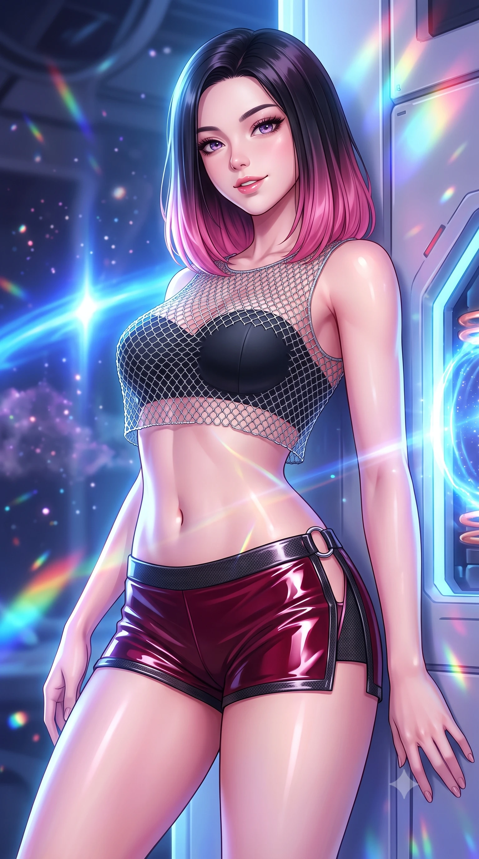 score_9, masterpiece, best quality, ultra-detailed, high-budget anime keyframe, semi-realistic 3D game render, editorial fashion photography, tasteful artistic composition, Korean woman. close-up cowboy shot from the waist and thighs up, the character dominates the composition, filling the frame with her large presence. leaning back against the glowing maintenance bulkhead with relaxed seductive grace, her flat midriff and narrow waist highlighted as laser ambient light traces her curves while twisting her slender torso in an alluring contrapposto stance, gravitational lensing rays bending light across her narrow waist and hips. The background shows a soft-focus floating particle clouds and charging energy coils softened in mind-bending cosmic launchpad shallow focus. She has an exceptionally elegant, slender, and willowy female figure with an ultra-slim waist, flat toned midriff, narrow ribcage, and sculpted feminine hips creating an alluring, slim hourglass silhouette without bulk. sharp v-shaped jawline, high-bridge nose, intricate jewel-like sparkling eyes with depth, thick eyelashes, glossy parted lips with a natural sheen, bright confident smile with an enchanting and coquettish sensual glint, exuding both youthful magnetic charm and sovereign high-tech allure, flawlessly proportioned anatomical accuracy, strict slender model proportions, natural body alignment, perfectly sculpted long slender limbs, ultra-slim waistline, clean dynamic posture without body distortion. wearing a delicate silver chainmail mesh crop top layered over a sculpted matte black bandeau with low-rise combat shorts in deep wine crimson and dark carbon weave, tailored from ultra-reflective glossy liquid vinyl with mirror-like specular highlights, finished with sharp laser-cut side ventilation slits framed by silver hardware rings, the precision-cut side openings and low-back scoop framing her graceful spine and the sensual sweep of her slim, toned hips. bathed in radiant chromatic prism light and intense electric blue warp ring flashes. highly saturated vibrant anime colors, detailed shading with soft gradients, rich glossy textures, high-contrast stereoscopic depth, volumetric dynamic lighting, master piece, 9:16 ratio