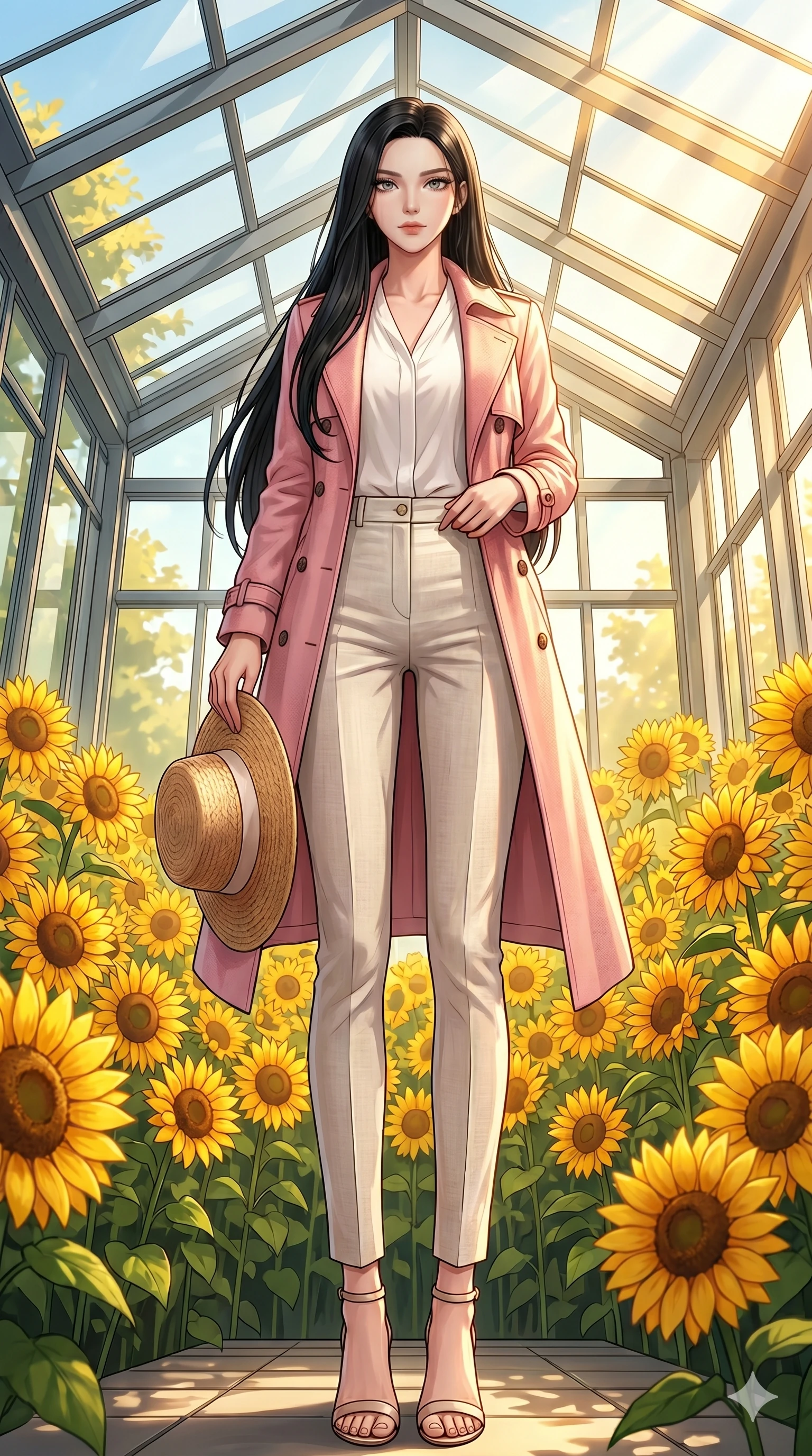score_9, masterpiece, best quality, ultra-detailed, high-budget anime keyframe, vibrant anime aesthetic, Korean woman. low angle full-body shot from head to toe showing her feet, filling the entire 9:16 vertical frame with her statuesque presence, stretching her vertical silhouette. She is holding a straw hat and smiling warmly under the bright sunbeams inside a modern greenhouse pavilion filled with bright yellow sunflowers (Code-P20-011). She has an absolutely perfect 8-heads proportion, an exceptionally tall and slender female figure with impossibly long slender legs and an ultra-slim waist. V-shaped jawline, high-bridge nose, intricate jewel-like eyes with depth, thick eyelashes, glossy lips with a natural sheen. wearing a pastel pink trench coat over a white blouse and linen trousers. She is illuminated by warm, golden sun rays highlighting the textures of her designer jacket. 2k, ultra detail, master piece, 9:16 ratio
