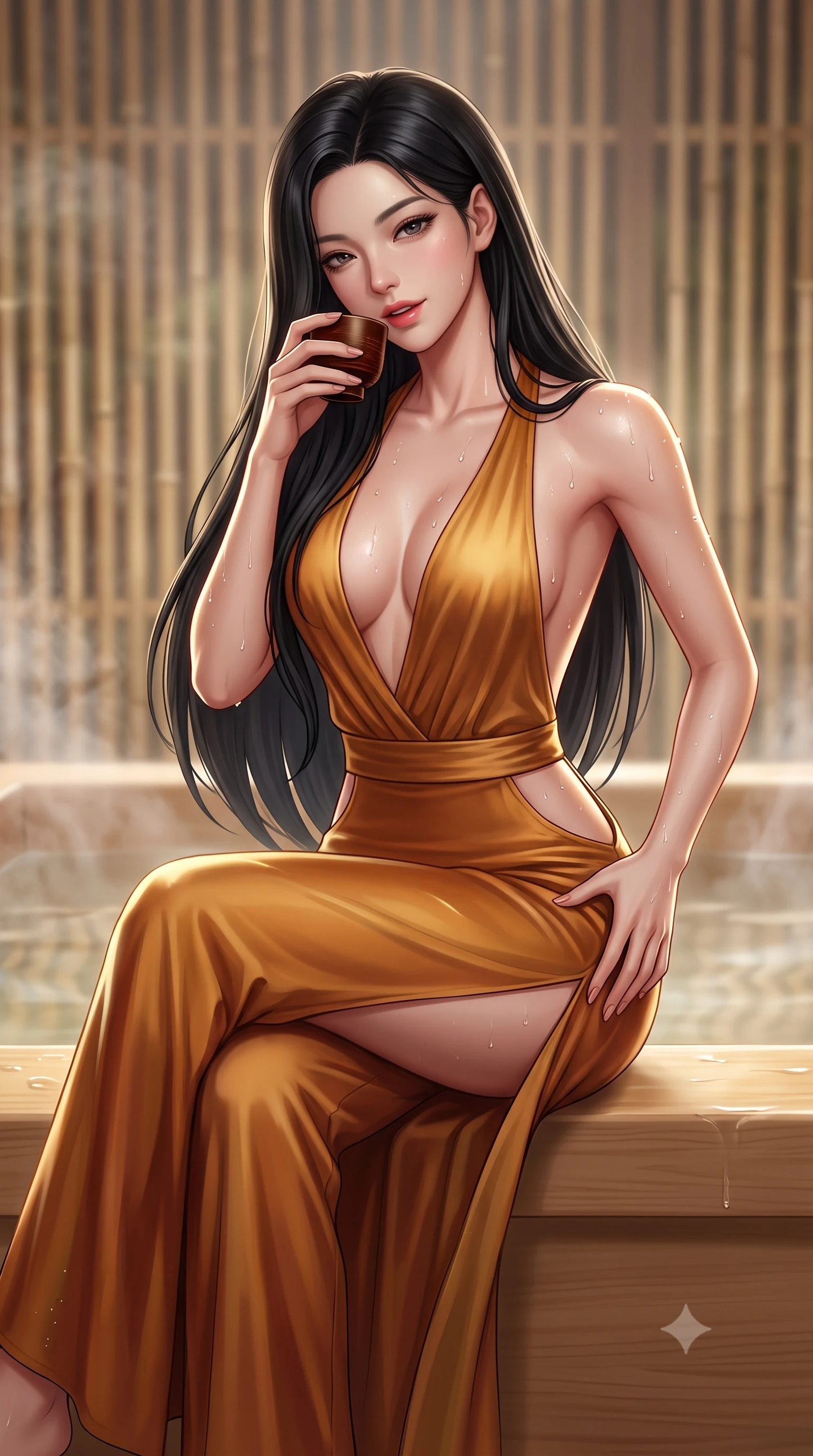 score_9, masterpiece, best quality, ultra-detailed, high-budget anime keyframe, semi-realistic 3D game render, editorial fashion photography, tasteful artistic composition, Korean woman. close-up cowboy shot from the waist and thighs up, the character dominates the composition, filling the frame with her large presence. tilting her head with a teasing half-smile, running one hand slowly down the side of her hip in a flirtatious S-curve as ambient light caresses her silhouette while sitting perched on the wide hinoki wood rim with legs crossed, holding a lacquered wooden sake cup with an enchanting, parted-lip smile. The background shows a soft-focus minimalist bamboo privacy lattice softened in haute Japanese luxury shallow focus. She has an exceptionally elegant, slender, and willowy female figure with an ultra-slim waist, flat toned midriff, narrow ribcage, and sculpted feminine hips creating an alluring, slim hourglass silhouette without bulk. sharp v-shaped jawline, high-bridge nose, sparkling eyes with hypnotic seductive depth, thick curled eyelashes, glossy parted lips with a natural dewy peach sheen, alluring bedroom-eyes with an enchanting coquettish smile, exuding magnetic siren charisma and sophisticated glamour, flawlessly proportioned anatomical accuracy, strict slender model proportions, natural body alignment, perfectly sculpted long slender limbs, ultra-slim waistline, clean dynamic posture without body distortion. wearing a backless plunge-front silk satin jumpsuit with fluid wide-leg silhouette and side hip cutouts in warm amber honey and antique gold leaf, made of semi-opaque stretch illusion mesh with soft shadowy contours, finished with glistening drops of hot spring water beading across her sculpted shoulders and collarbones, the high-slit wrap tailoring accentuating her ultra-slim waistline and the enchanting curve of her feminine hips with alluring seductive charm. illuminated by wet glass reflections and sharp champagne-gold rim lights defining her delicate clavicles, ultra-slim waist, and curvy hips. highly saturated vibrant anime colors, detailed shading with soft gradients, rich glossy textures, high-contrast stereoscopic depth, volumetric dynamic lighting, master piece, 9:16 ratio