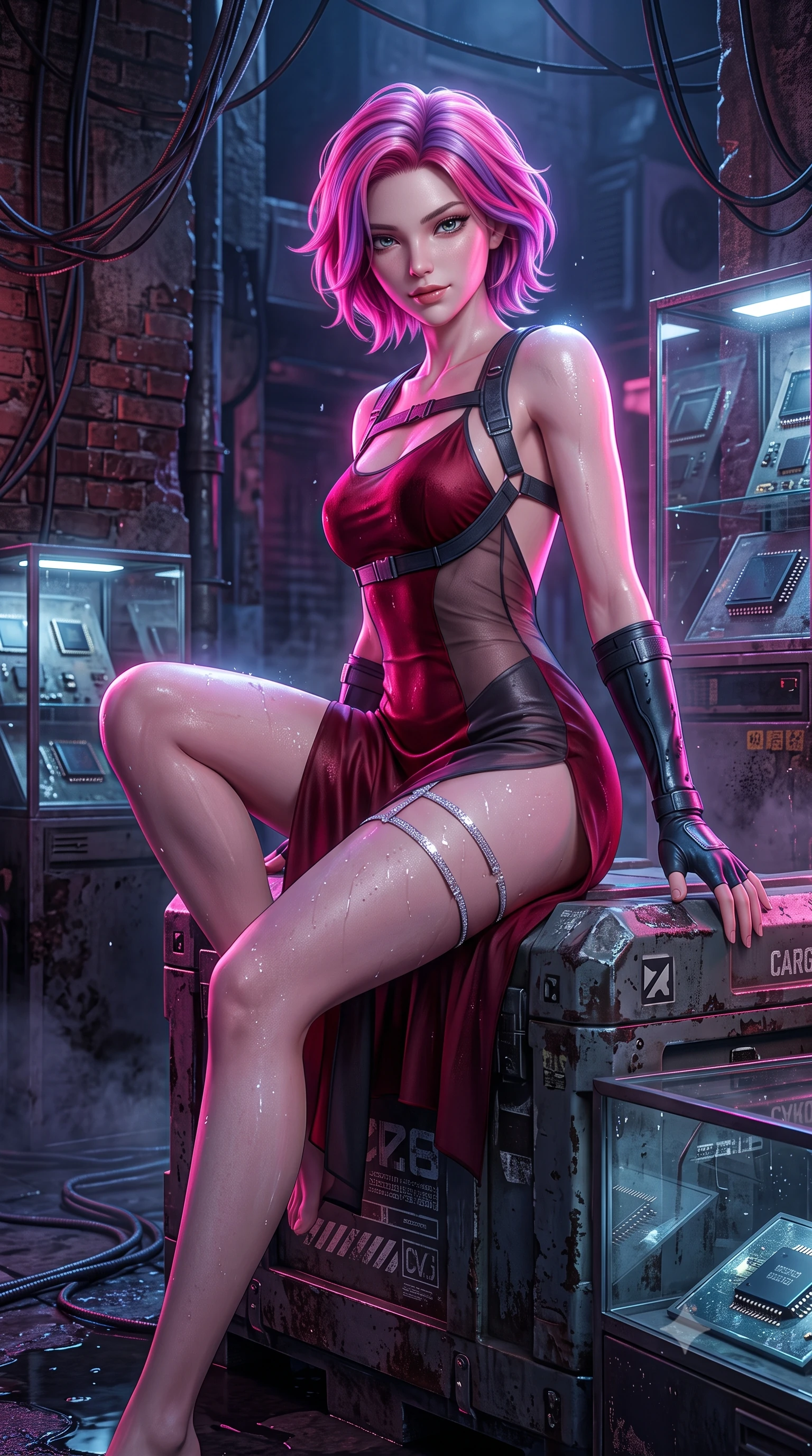 score_9, masterpiece, best quality, ultra-detailed, high-budget anime keyframe, semi-realistic 3D game render, editorial fashion photography, tasteful artistic composition, Caucasian woman. close-up cowboy shot from the waist and thighs up, the character dominates the composition, filling the frame with her large presence. leaning forward while arching her lower back to accentuate her curvy hips, looking into the camera with an intoxicating smoldering gaze and bedroom-eyes while sitting poised on the elevated industrial cargo crate with one knee bent, arching her back with playful warrior flair and parted glossy lips. The surrounding environment is rendered in vivid detail and crisp panoramic clarity: sharp wet brick textures, glass display case reflections with micro-chip components, and weathered cyberpunk cables in deep focus. She has an exceptionally elegant, slender, and willowy female figure with an ultra-slim waist, flat toned midriff, narrow ribcage, and sculpted feminine hips creating an alluring, slim hourglass silhouette without bulk. sharp v-shaped jawline, high-bridge nose, intricate jewel-like sparkling eyes with depth, thick eyelashes, glossy parted lips with a natural peach sheen, bright cheerful beaming smile with an enchanting and coquettish sensual glint, exuding both youthful cute charm and seductive allure, flawlessly proportioned anatomical accuracy, strict slender model proportions, natural body alignment, perfectly sculpted long slender limbs, ultra-slim waistline, clean dynamic posture without body distortion. wearing a form-contouring gossamer silk chiffon combat slip dress with a hip-high slit and open cowl back clinging with dewy moisture in deep crimson hazard red and matte dark titanium, featuring strategic sheer-illusion tulle side panels framing her ribcage and hips, finished with delicate crystal-encrusted thigh garter straps glinting in the dim light, the precision-cut side openings and low-back scoop framing her graceful spine and the sensual sweep of her slim, toned hips. illuminated by puddle reflection bounce and sharp neon-pink rim lights sculpting her jawline, narrow waist, and curvy hips. highly saturated vibrant anime colors, detailed shading with soft gradients, rich glossy textures, high-contrast stereoscopic depth, volumetric dynamic lighting, master piece, 9:16 ratio