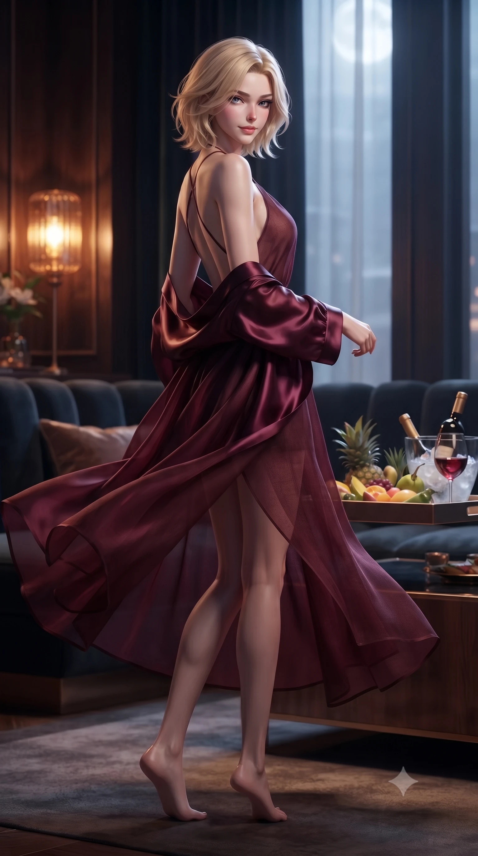 score_9, masterpiece, best quality, ultra-detailed, high-budget anime keyframe, editorial fashion photography, tasteful artistic composition, Caucasian woman. low angle full-body shot from head to toe showing her feet, filling the entire 9:16 vertical frame with her statuesque presence, stretching her vertical silhouette. twirling slowly with a sensual half-smile, letting her silky robe billow gently to reveal her elegant leg line set against a soft-focus background of inside an exclusive cocktail lounge with a floating pool tray of tropical fruits and chilled wine in soft focus. She has an absolutely perfect, statuesque 8.5-heads proportion, an exceptionally tall and slender model-like female figure with impossibly long slender legs and an ultra-slim waist. sharp v-shaped jawline, high-bridge nose, intricate jewel-like eyes with depth, thick eyelashes, glossy lips with a natural sheen. wearing tailored deep burgundy sheer organza backless linen halter dress featuring delicate straps and a draped open-back design featuring refined tailored seams. illuminated by soft silver moonlight contrasting with the warm amber glow of a nearby lamp. highly saturated vibrant anime colors, detailed shading with soft gradients, rich glossy textures, high-contrast stereoscopic depth, volumetric dynamic lighting, master piece, 9:16 ratio