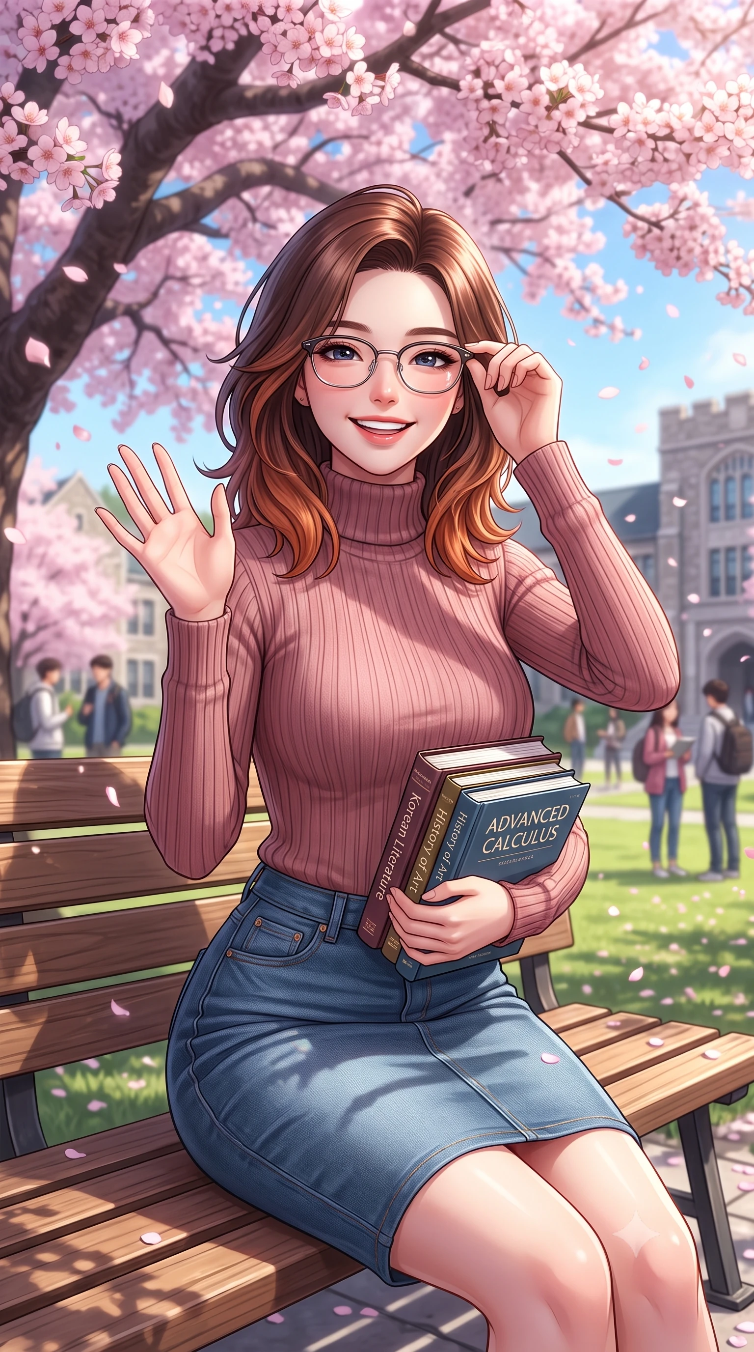 score_9, masterpiece, best quality, ultra-detailed, high-budget anime keyframe, editorial fashion photography, tasteful artistic composition, Korean woman. close-up cowboy shot from the waist and thighs up, the character dominates the composition, filling the frame with her large presence, background elements kept in soft focus. flashing a sweet, beaming smile while waving one hand gently toward the camera set against a soft-focus background of sitting on a wooden bench under a large, blooming cherry blossom tree on a college campus lawn adjusting her glasses with a stack of textbooks held under her arm. She has an exceptionally elegant, slender, and willowy female figure with an ultra-slim waist, a gracefully sculpted slender torso, and a refined silhouette. sharp v-shaped jawline, high-bridge nose, intricate jewel-like eyes with depth, thick eyelashes, glossy lips with a natural sheen. wearing body-hugging form-fitting ribbed knit turtleneck in dusty rose, tucked into a slim denim pencil skirt. bright afternoon sunlight casting crisp shadows of window frames on the floor. highly saturated vibrant anime colors, detailed shading with soft gradients, rich glossy textures, high-contrast stereoscopic depth, volumetric dynamic lighting, master piece, 9:16 ratio