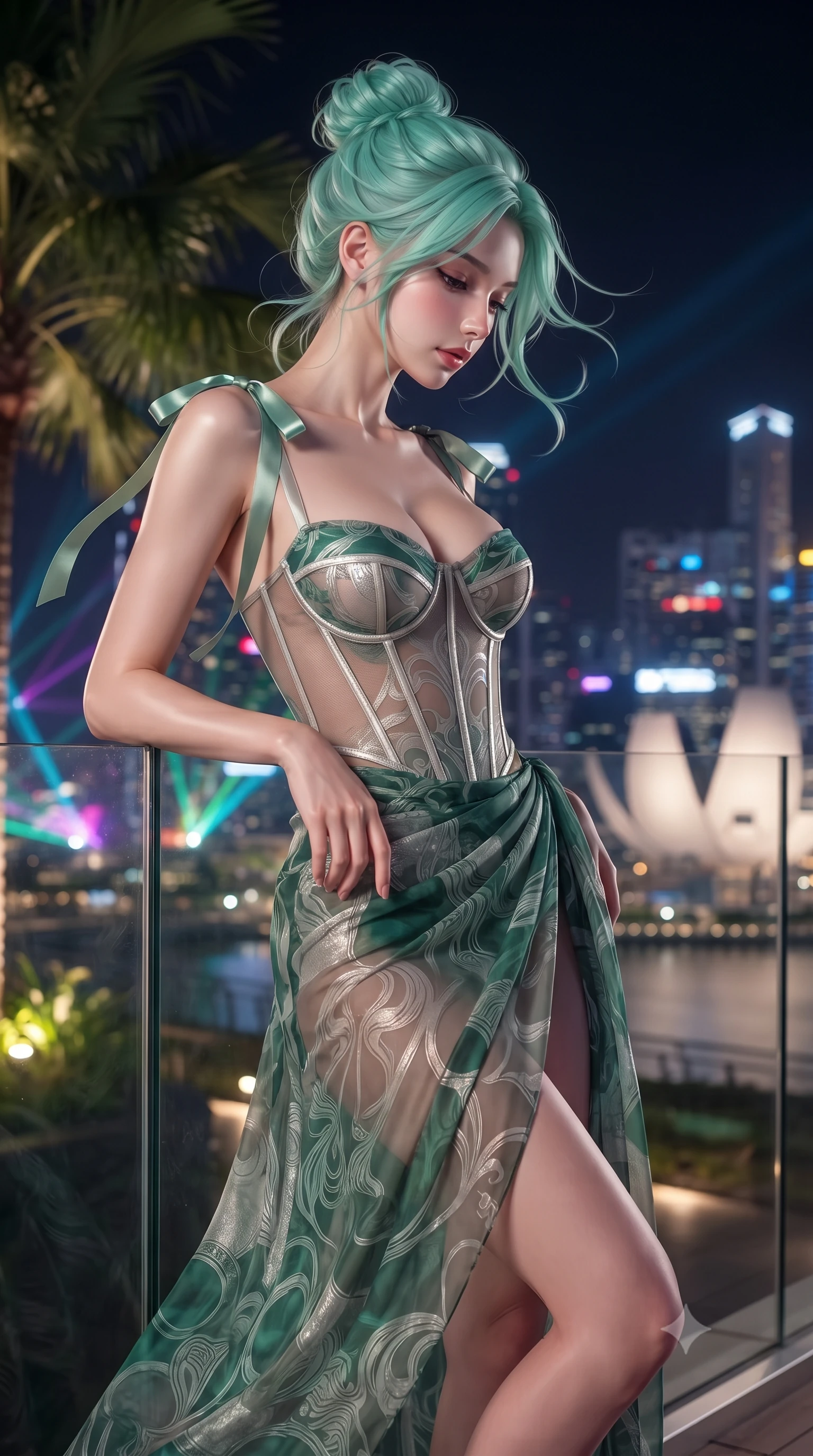 score_9, masterpiece, best quality, ultra-detailed, high-budget anime keyframe, editorial fashion photography, tasteful artistic composition, Japanese woman. close-up cowboy shot from the waist and thighs up, the character dominates the composition, filling the frame with her large presence. turning slowly with an enchanting smoldering smile, her glossy hair tossing in the breeze as her hips angle gracefully in a captivating contrapposto while leaning against the frameless structural glass railing with hips cocked back, looking down at the illuminated ArtScience Museum with heavy-lidded bedroom-eyes. The background shows a soft-focus palm fronds of the sky garden softened in billionaire sky park shallow focus. She has an exceptionally elegant, slender, and willowy female figure with an ultra-slim waist, flat toned midriff, narrow ribcage, and sculpted feminine hips creating an alluring, slim hourglass silhouette without bulk. sharp v-shaped jawline, high-bridge nose, intricate jewel-like sparkling eyes with depth, thick eyelashes, glossy parted lips with a natural peach sheen, bright cheerful beaming smile with an enchanting and coquettish sensual glint, exuding both youthful cute charm and seductive allure, flawlessly proportioned anatomical accuracy, strict slender model proportions, natural body alignment, perfectly sculpted long slender limbs, ultra-slim waistline, clean dynamic posture without body distortion. wearing a provocative translucent mesh corset bodice with boned satin channels paired with a sheer chiffon wrap maxi skirt in Art Nouveau malachite green and antique starlight silver, made of sheer gossamer chiffon that drapes softly against skin with airy translucence, finished with satin ribbon ties at the shoulders fluttering in the gentle breeze, the form-contouring silhouette accentuating her sculpted flat midriff, narrow delicate ribcage, and gracefully curvy hips with intoxicating allure. bathed in the dynamic multi-colored ambient of the illuminated bay lasers contrasted with warm 2900K recessed deck cove downlights. ultra-reflective glossy finish, specular highlights, rich textural contrasts, high-contrast stereoscopic depth, volumetric dynamic lighting, 2k, ultra detail, master piece, 9:16 ratio