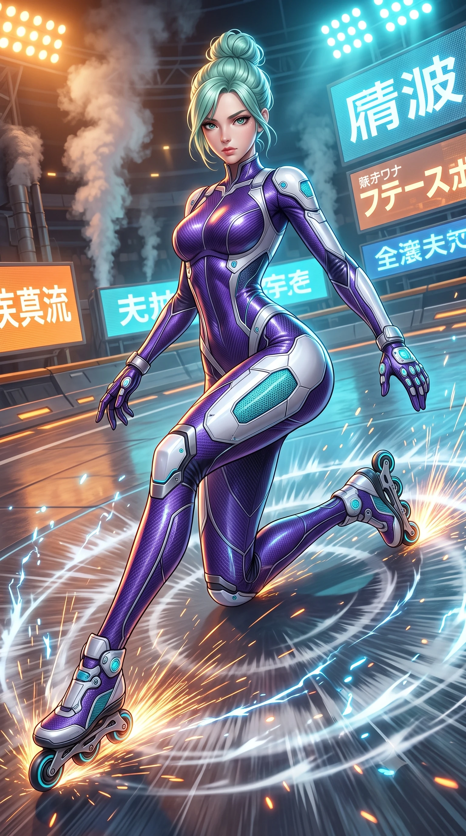 score_9, masterpiece, best quality, ultra-detailed, high-budget anime keyframe, semi-realistic 3D game render, editorial fashion photography, tasteful artistic composition, Japanese woman. low angle full-body shot from head to toe showing her feet, filling the entire 9:16 vertical frame with her statuesque presence, stretching her vertical silhouette. landing gracefully from a high-altitude leap on one knee and palm, her statuesque silhouette framed by radial shockwave ripples in the ground while sliding along the banked track with effortless poise, her long slender legs extended in an agile low-profile drift. The surrounding environment is rendered in vivid detail and crisp panoramic clarity. detailed magnetic skate rollers, industrial exhaust steam plumes, and arena billboard kanji in high clarity. She has an absolutely perfect, statuesque 8.5-heads proportion, an exceptionally tall and slender model-like female figure with impossibly long slender legs, a toned flat midriff, and an ultra-slim waist. sharp v-shaped jawline, high-bridge nose, intricate jewel-like eyes with depth, thick eyelashes, glossy lips with a natural sheen, flawlessly proportioned anatomical accuracy, strict slender model proportions, natural body alignment, perfectly sculpted long slender limbs, ultra-slim waistline, clean dynamic posture without body distortion. wearing a precision-fitted royal purple carbon-fiber martial arts suit with silver accents and glowing micro-circuit knuckle plating in glacial ice-cyan carbon mesh with pure white armor plates, crafted from semi-translucent cybernetic carbon-vinyl interwoven with glowing micro-filaments, finished with high-mobility flexible limb seams and miniature magnetic armor locks, the glove-like aerodynamic second-skin fit tightly clinging to her ultra-slender waist and athletic curves without adding bulk, accentuating her razor-sharp statuesque lines and slim hourglass silhouette. bathed in vivid high-contrast amber and cyan arena floodlights with electric friction spark glints. rich saturated anime colors with glowing neon highlights, detailed shading with soft gradients, rich glossy textures, high-contrast stereoscopic depth, volumetric dynamic lighting, master piece, 9:16 ratio