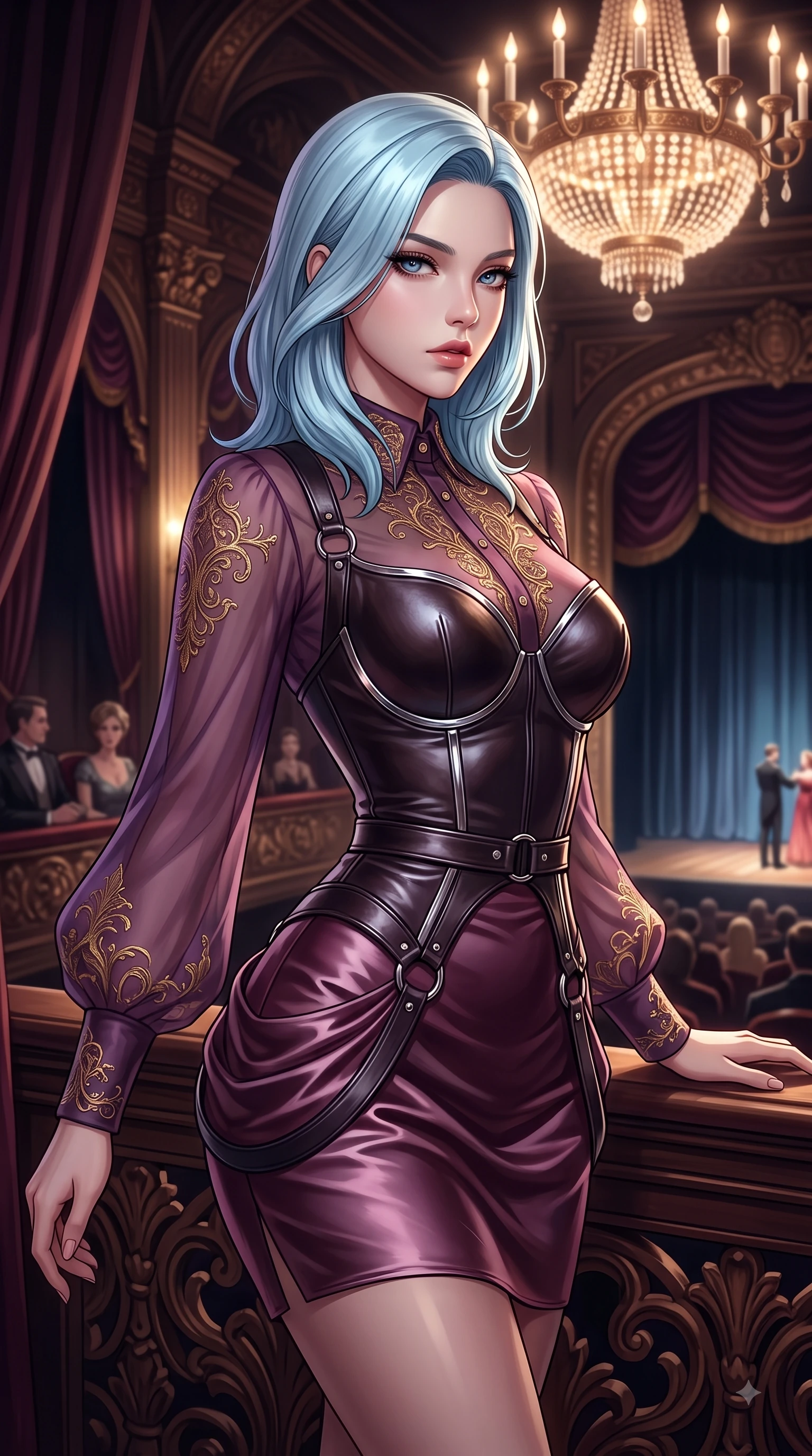 score_9, masterpiece, best quality, ultra-detailed, high-budget anime keyframe, editorial fashion photography, tasteful artistic composition, Korean woman. close-up cowboy shot from the waist and thighs up, the character dominates the composition, filling the frame with her large presence, background elements kept in soft focus. Gazing past the lens with smoldering intensity as her torso curves dynamically in mid-stride while leaning gracefully against a carved mahogany balustrade under a majestic chandelier glow, dramatic theatrical lighting emphasizing every curve of her athletic build. She has an exceptionally elegant, slender, and willowy female figure with an ultra-slim waist, a gracefully sculpted slender torso, and a refined silhouette. sharp v-shaped jawline, high-bridge nose, intricate jewel-like eyes with depth, thick eyelashes, glossy lips with a natural sheen, flawlessly proportioned anatomical accuracy, natural body alignment, perfectly sculpted elegant limbs, clean dynamic posture without body distortion. wearing a tailored leather bustier over a sheer silk chiffon blouse in plum purple and gold filigree, crafted from lustrous satin jersey with fluid draping, accented with delicate chrome ring hardware framing her waist, the sleek second-skin texture accentuating her magnetic presence. surrounded by an opulent, dramatic opera box atmosphere with deep chiaroscuro. highly saturated vibrant anime colors, detailed shading with soft gradients, rich glossy textures, high-contrast stereoscopic depth, volumetric dynamic lighting, master piece, 9:16 ratio