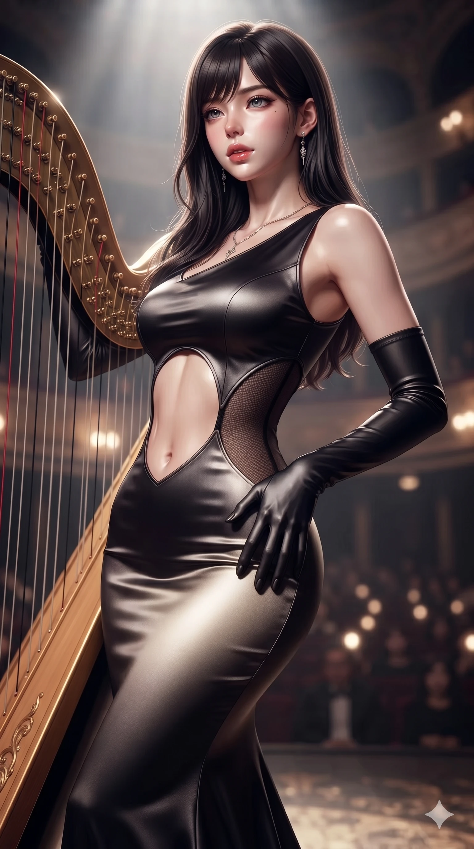 score_9, masterpiece, best quality, ultra-detailed, high-budget anime keyframe, semi-realistic 3D game render, editorial fashion photography, tasteful artistic composition, Korean woman. close-up cowboy shot from the waist and thighs up, the character dominates the composition, filling the frame with her large presence. resting one manicured hand delicately on her hip bone, her upper body turning in a fluid, seductive S-curve while parted lips glisten in the light while leaning against the ornate golden concert harp with hips cocked back, gazing out across the shadowed amphitheatre with smoldering bedroom-eyes. The composition keeps background elements in soft focus with creamy bokeh: dramatic theatrical auditorium haze softened in majestic baroque opera stage shallow focus. She has an exceptionally elegant, slender, and willowy female figure with an ultra-slim waist, flat toned midriff, narrow ribcage, and sculpted feminine hips creating an alluring, slim hourglass silhouette without bulk. sharp v-shaped jawline, high-bridge nose, intricate jewel-like eyes with depth, thick eyelashes, glossy parted lips with a natural sheen, intensely captivating and seductive bedroom-eyes expression, flawlessly proportioned anatomical accuracy, strict slender model proportions, natural body alignment, perfectly sculpted long slender limbs, ultra-slim waistline, clean dynamic posture without body distortion. wearing a sculptured liquid-satin mermaid gown with an architectural open-waist cutout and bare spine descending to the tailbone in dark onyx black and molten platinum, accented with semi-sheer mesh inserts accentuating her sculpted flat midriff, finished with sleek magnetic buckle closures fluttering in the breeze, the second-skin form-contouring cut accentuating her sculpted flat midriff, narrow delicate ribcage, and gracefully curvy hips with supermodel precision. illuminated by crisp directional theatrical spotlights sharply defining her sculpted collarbones, ultra-slim waist, and curvy hips. highly saturated vibrant anime colors, detailed shading with soft gradients, rich glossy textures, high-contrast stereoscopic depth, volumetric dynamic lighting, master piece, 9:16 ratio