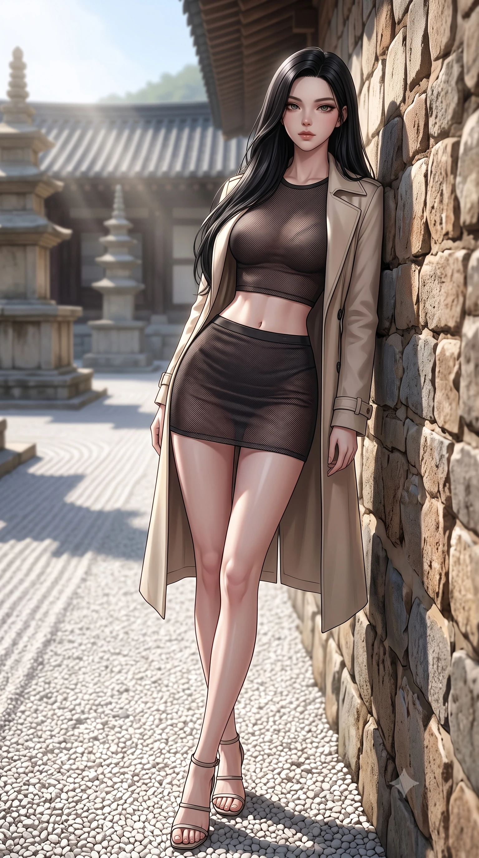 score_9, masterpiece, best quality, ultra-detailed, high-budget anime keyframe, editorial fashion photography, tasteful artistic composition, Korean woman. low angle full-body shot from head to toe showing her feet, filling the entire 9:16 vertical frame with her statuesque presence, stretching her vertical silhouette. leaning back against a rustic stone wall, casting a slow, alluring gaze at the camera the background shows a soft-focus a quiet courtyard of an old temple with raked white gravel and stone pagodas. She has an absolutely perfect, statuesque 8.5-heads proportion, an exceptionally tall and slender model-like female figure with impossibly long slender legs and an ultra-slim waist. sharp v-shaped jawline, high-bridge nose, intricate jewel-like eyes with depth, thick eyelashes, glossy lips with a natural sheen. wearing a form-contouring semi-opaque dark mesh crop top paired with a mini skirt, layered with a tailored light trench coat. crisp morning sunlight casting sharp, clean shadows across the gravel. ultra-reflective glossy finish, specular highlights, metallic sheen, high-contrast stereoscopic depth, volumetric dynamic lighting, 2k, ultra detail, master piece, 9:16 ratio
