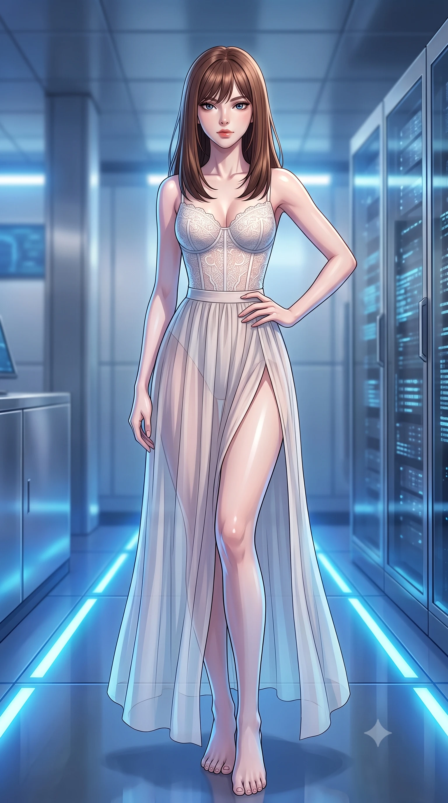 score_9, masterpiece, best quality, ultra-detailed, high-budget anime keyframe, tasteful artistic composition, Korean woman. low angle full-body shot from head to toe showing her feet, filling the entire 9:16 vertical frame with her statuesque presence, stretching her vertical silhouette. posing confidently with one hand on her hip, stretching her statuesque body to emphasize her curves the background shows a soft-focus a secret database archives room with pulsing blue floor lights and glass servers. She has an absolutely perfect, statuesque 8.5-heads proportion, an exceptionally tall and slender model-like female figure with impossibly long slender legs and an ultra-slim waist. sharp v-shaped jawline, high-bridge nose, intricate jewel-like eyes with depth, thick eyelashes, glossy lips with a natural sheen. wearing a slim-fit delicate white lace bustier top paired with a sheer chiffon maxi skirt featuring a high side slit. soft blue uplighting reflecting off her polished silhouette. highly saturated vibrant anime colors, cel-shading, 2d style, master piece, 9:16 ratio