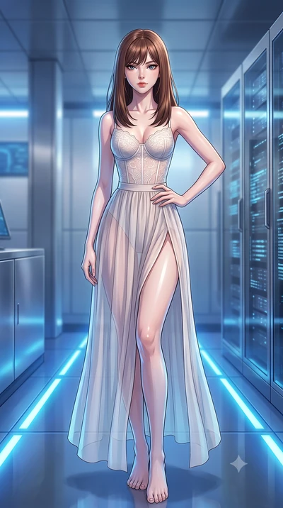score_9, masterpiece, best quality, ultra-detailed, high-budget anime keyframe, tasteful artistic composition, Korean woman. low angle full-body shot from head to toe showing her feet, filling the entire 9:16 vertical frame with her statuesque presen