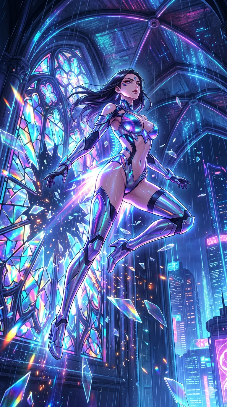 score_9, masterpiece, best quality, ultra-detailed, High-budget Anime Keyframe, vibrant colors, fluid line-art, expressive lighting, cinematic composition, Ufotable-style visual effects, top-tier animation quality, Japanese woman with delicate and elegant anime-inspired features. Low angle cowboy shot filling the entire 9:16 frame with her statuesque presence, looking up to emphasize her height. Leaping through the shattered stained glass of a neon-lit futuristic cathedral, her body caught in mid-air as prismatic light fragments explode around her and digital rain falls from the vaulted ceiling. She has an absolutely perfect 8-heads proportion, an exceptionally tall and slender female figure with impossibly long slender legs and an ultra-slim waist, her statuesque height and towering silhouette dominating the vertical 9:16 frame. Her face is a masterpiece featuring a sharp v-shaped jawline, high-bridge nose, intricate jewel-like eyes with depth, thick eyelashes, and glossy lips with a natural sheen. She is wearing a Metallic armor-bikini with sharp, aggressive edges and integrated energy-shield generators crafted from Iridescent vinyl with a futuristic sheen that shifts between violet and cyan, boasting shoulder cut-outs and a glowing spinal interface visible through the back. The scene is set in a sprawling cyberpunk metropolis in heavy rain with vibrant neon glows reflecting on every surface, illuminated by intense energy flares from her powers illuminating the scene with brilliant light. 2k, ultra detail, master piece, 9:16 ratio