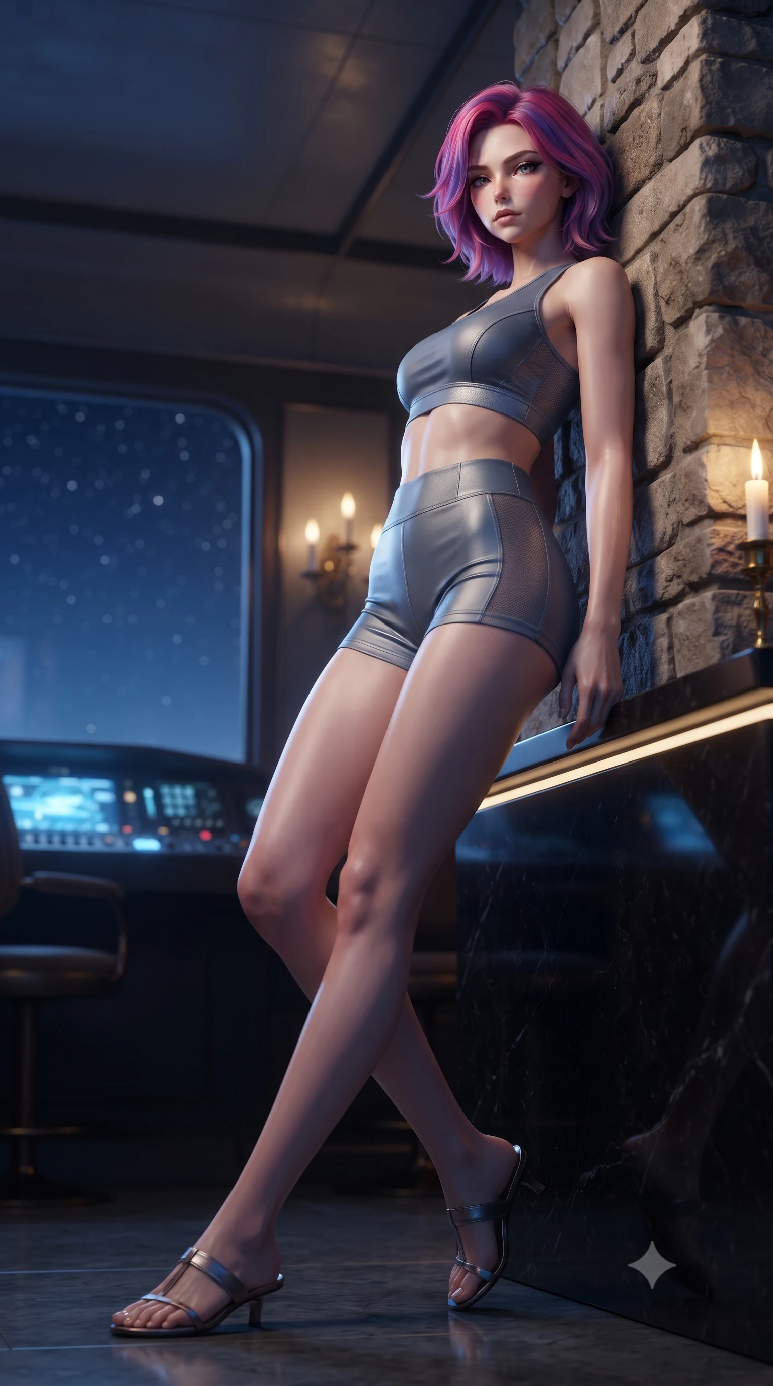 score_9, masterpiece, best quality, ultra-detailed, high-budget anime keyframe, editorial fashion photography, tasteful artistic composition, Caucasian woman. low angle full-body shot from head to toe showing her feet, filling the entire 9:16 vertical frame with her statuesque presence, stretching her vertical silhouette. leaning back against a rustic stone wall, casting a slow, alluring gaze at the camera the background shows a soft-focus a scenic train bar with a polished obsidian counter reflecting the starry night sky. She has an absolutely perfect, statuesque 8.5-heads proportion, an exceptionally tall and slender model-like female figure with impossibly long slender legs and an ultra-slim waist. sharp v-shaped jawline, high-bridge nose, intricate jewel-like eyes with depth, thick eyelashes, glossy lips with a natural sheen. wearing a tailored body-hugging athletic crop top and high-waisted shorts set in slate grey. soft ambient blue light from the dashboard contrasting with warm candlelight. ultra-reflective glossy finish, specular highlights, metallic sheen, high-contrast stereoscopic depth, volumetric dynamic lighting, 2k, ultra detail, master piece, 9:16 ratio