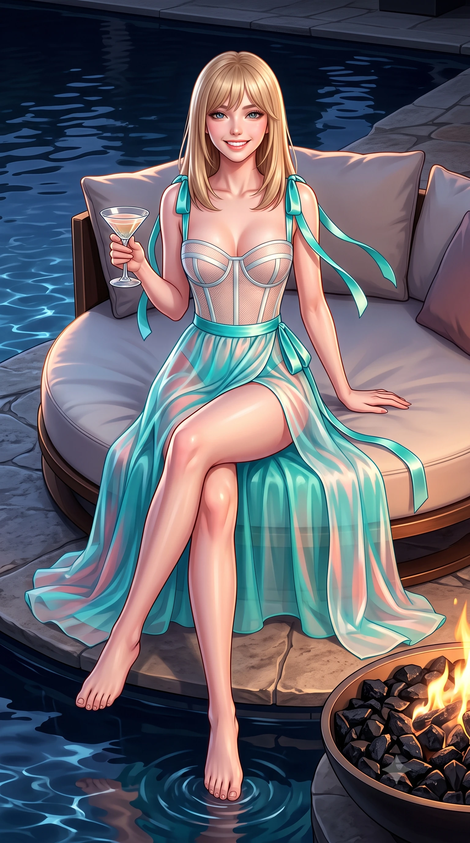 score_9, masterpiece, best quality, ultra-detailed, high-budget anime keyframe, semi-realistic 3D game render, editorial fashion photography, tasteful artistic composition, Japanese woman. low angle full-body shot from head to toe showing her feet, filling the entire 9:16 vertical frame with her statuesque presence, stretching her vertical silhouette. stepping forward in a confident stride, her long slender legs and curvaceous hips creating a dynamic, sweeping vertical line while sitting gracefully on the circular sofa with legs crossed, holding a cocktail glass with magnetic Hollywood glamour. The surrounding environment is rendered in vivid detail and crisp panoramic clarity: sharp black volcanic fire pit basalt stones, natural stone terrace textures, and clear water ripples in deep focus. She has an exceptionally tall and slender model-like 8.5-heads proportion, an ultra-slim waist, a flat toned midriff, narrow delicate ribcage, and beautifully sculpted feminine hips creating a graceful, slim hourglass silhouette without any bulky heaviness, with impossibly long slender legs. sharp v-shaped jawline, high-bridge nose, intricate jewel-like sparkling eyes with depth, thick eyelashes, glossy parted lips with a natural peach sheen, bright cheerful beaming smile with an enchanting and coquettish sensual glint, exuding both youthful cute charm and seductive allure, flawlessly proportioned anatomical accuracy, strict slender model proportions, natural body alignment, perfectly sculpted long slender limbs, ultra-slim waistline, clean dynamic posture without body distortion. wearing a provocative translucent mesh corset bodice with boned satin channels paired with a sheer chiffon wrap maxi skirt in Sentosa tropical coral reef teal and pure iridescent pearl, tailored from ultra-plush silk velvet with rich tactile depth and deep shadow gradients, finished with satin ribbon ties at the shoulders fluttering in the gentle breeze, the precision-cut side openings and low-back scoop framing her graceful spine and the sensual sweep of her slim, toned hips. illuminated by dark pool surface reflection bounce and sharp copper-gold rim lights defining her dewy collarbones, ultra-slim waist, and curvy hips. highly saturated vibrant anime colors, detailed shading with soft gradients, rich glossy textures, high-contrast stereoscopic depth, volumetric dynamic lighting, master piece, 9:16 ratio