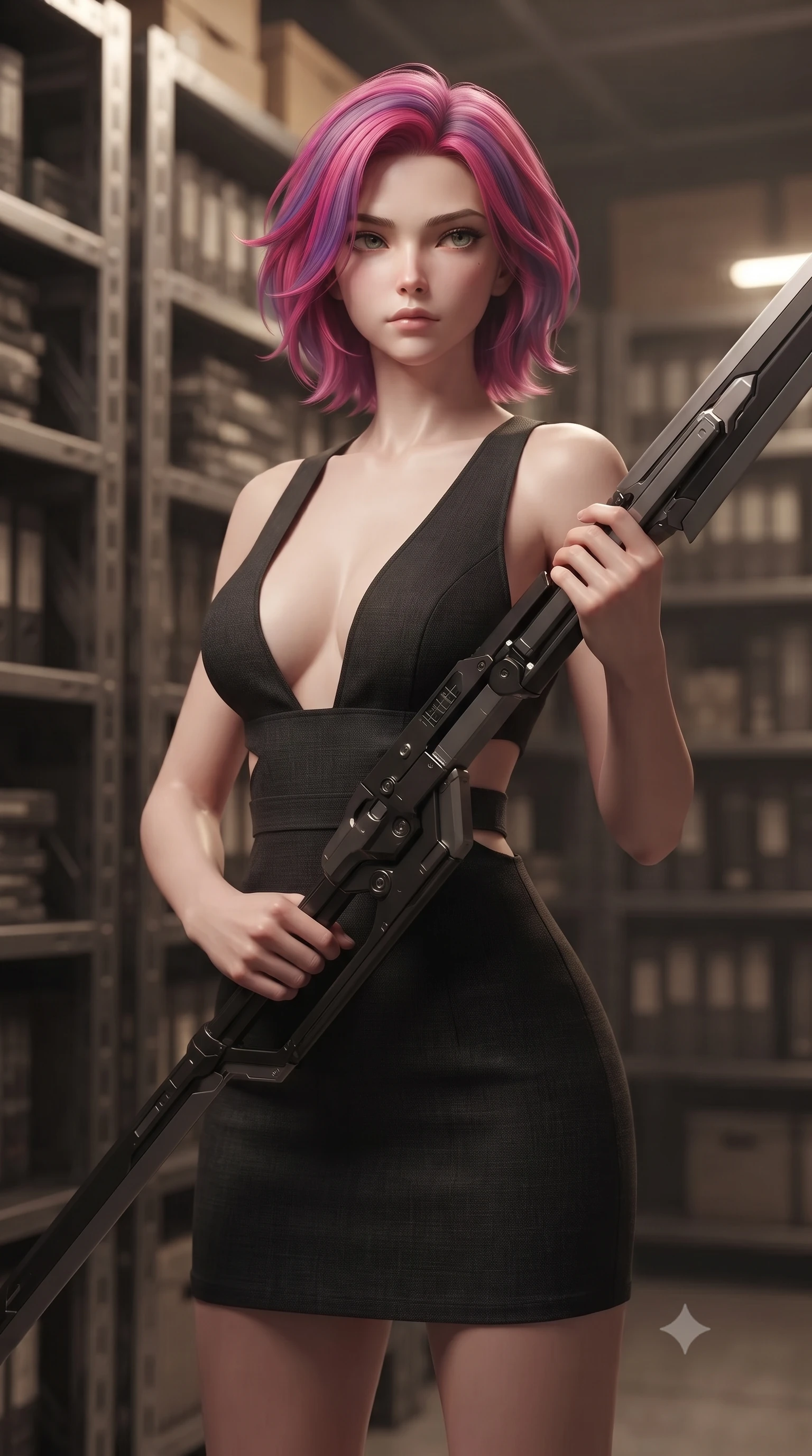 score_9, masterpiece, best quality, ultra-detailed, high-budget anime keyframe, editorial fashion photography, tasteful artistic composition, Caucasian woman. close-up cowboy shot from the waist and thighs up, the character dominates the composition, filling the frame with her large presence, background elements kept in soft focus. holding a deactivated nanotech glaive, looking past the camera with quiet, sharp focus and a composed expression, the background shows a soft-focus a citadel library room with metal shelves, manuals, and technical archives. She has an exceptionally elegant, slender, and willowy female figure with an ultra-slim waist, a gracefully sculpted slender torso, and a refined silhouette. sharp v-shaped jawline, high-bridge nose, intricate jewel-like eyes with depth, thick eyelashes, glossy lips with a natural sheen. wearing a form-contouring combat sundress with double waist cutouts and a plunging neckline in carbon-black linen. soft warm reading lights creating a quiet, focused, and meditative mood. ultra-reflective glossy finish, specular highlights, metallic sheen, high-contrast stereoscopic depth, volumetric dynamic lighting, 2k, ultra detail, master piece, 9:16 ratio