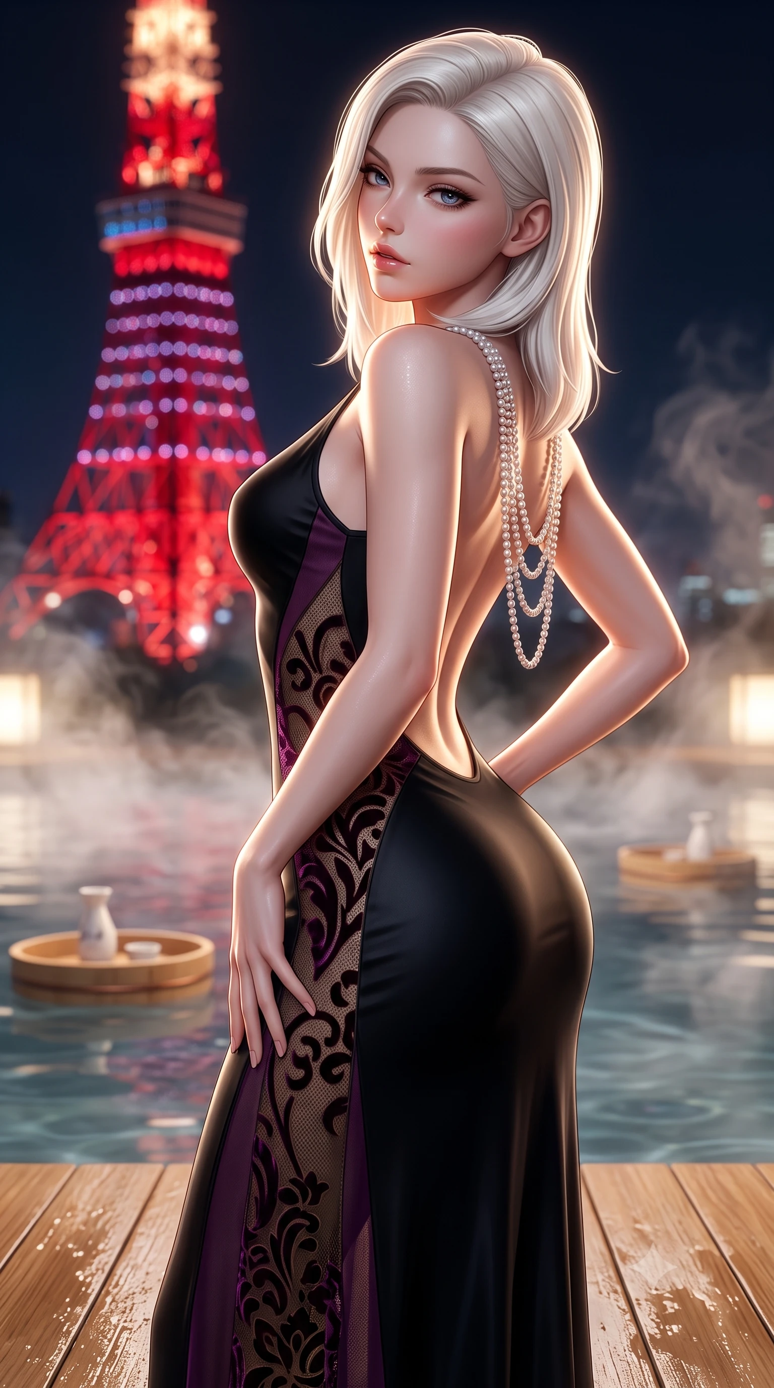 score_9, masterpiece, best quality, ultra-detailed, high-budget anime keyframe, semi-realistic 3D game render, editorial fashion photography, tasteful artistic composition, Caucasian woman. close-up cowboy shot from the waist and thighs up, the character dominates the composition, filling the frame with her large presence. arching her spine backward with effortless dancer poise, one hand sliding along her hip line as directional light carves specular highlights along her silhouette while standing poised on the wet hinoki wooden deck beside the water's edge, turning in an alluring silhouette as Tokyo Tower glows crimson behind her. The composition keeps background elements in soft focus with creamy bokeh. floating wooden sake cedar trays and onsen steam swirls softened in sensual atmospheric shallow focus. She has an exceptionally elegant, slender, and willowy female figure with an ultra-slim waist, flat toned midriff, narrow ribcage, and sculpted feminine hips creating an alluring, slim hourglass silhouette without bulk. sharp v-shaped jawline, high-bridge nose, intricate jewel-like eyes with depth, thick eyelashes, glossy parted lips with a natural sheen, intensely captivating and seductive bedroom-eyes expression, flawlessly proportioned anatomical accuracy, strict slender model proportions, natural body alignment, perfectly sculpted long slender limbs, ultra-slim waistline, clean dynamic posture without body distortion. wearing a second-skin black silk jersey maxi dress with asymmetrical sheer mesh side panels tracing the full curve of her hip in deep plum violet and antique bronze, made of sheer contouring power-mesh with velvet flocking patterns, accented with a multi-strand pearl back necklace cascading down her bare spine to her hips, the precision-cut side openings and low-back scoop framing her graceful spine and the sensual sweep of her slim, toned hips. illuminated by rising steam backlights and city glow softly contouring her razor-sharp jawline, narrow waist, and curvy hips. highly saturated vibrant anime colors, detailed shading with soft gradients, rich glossy textures, high-contrast stereoscopic depth, volumetric dynamic lighting, master piece, 9:16 ratio